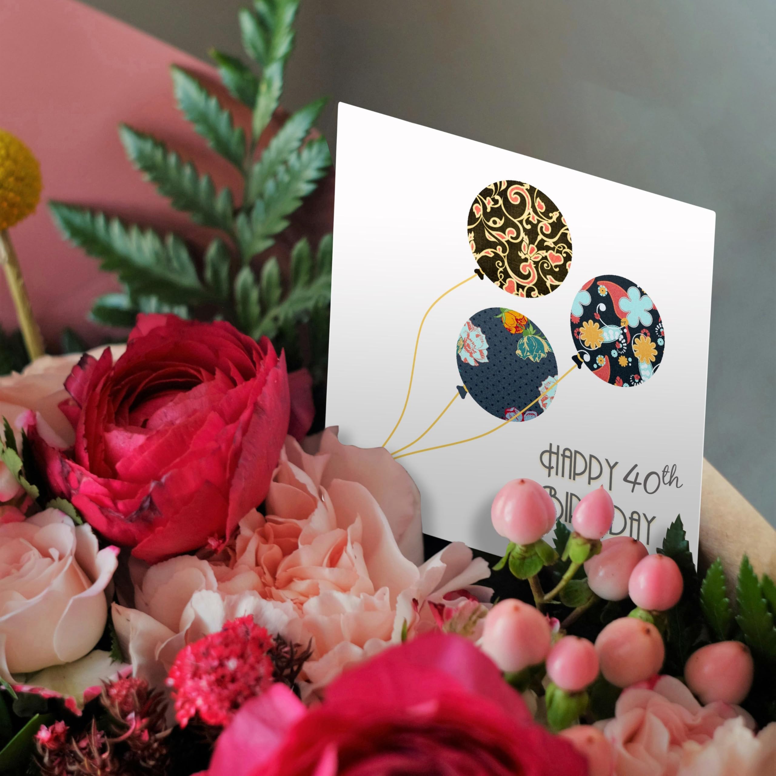 40th Birthday Floral Balloons Greeting Card - Black, Brown, Blue - 6x6 Inches Single Card for Women & Men - Perfect for Milestone Celebrations & Party Decorations