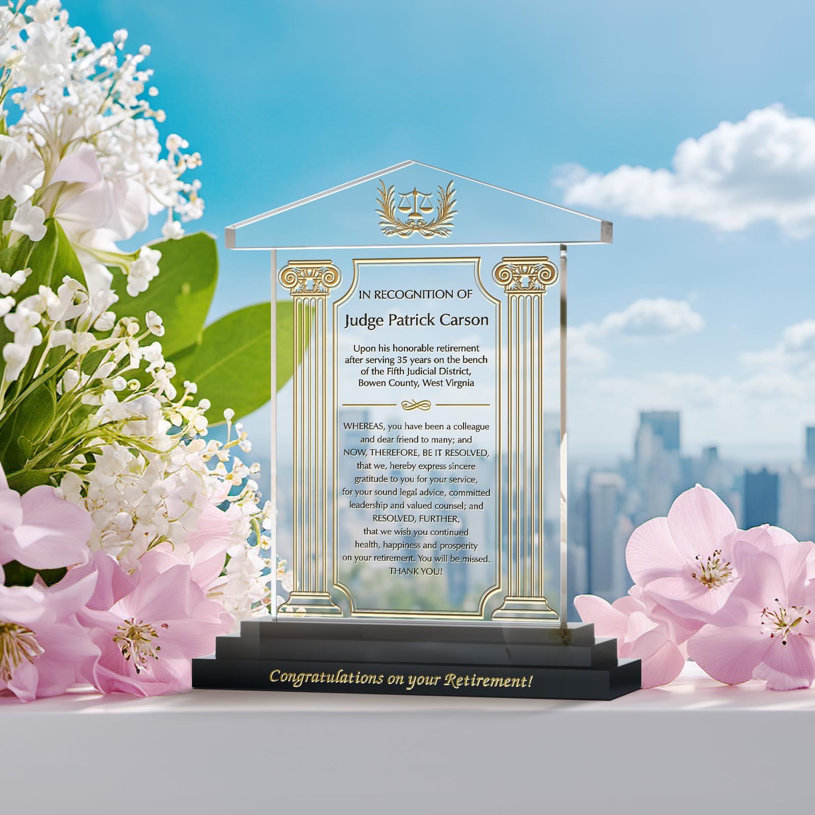 Personalized Judge Retirement Gift Plaque - Custom Engraved with Name, Date & Message - 12