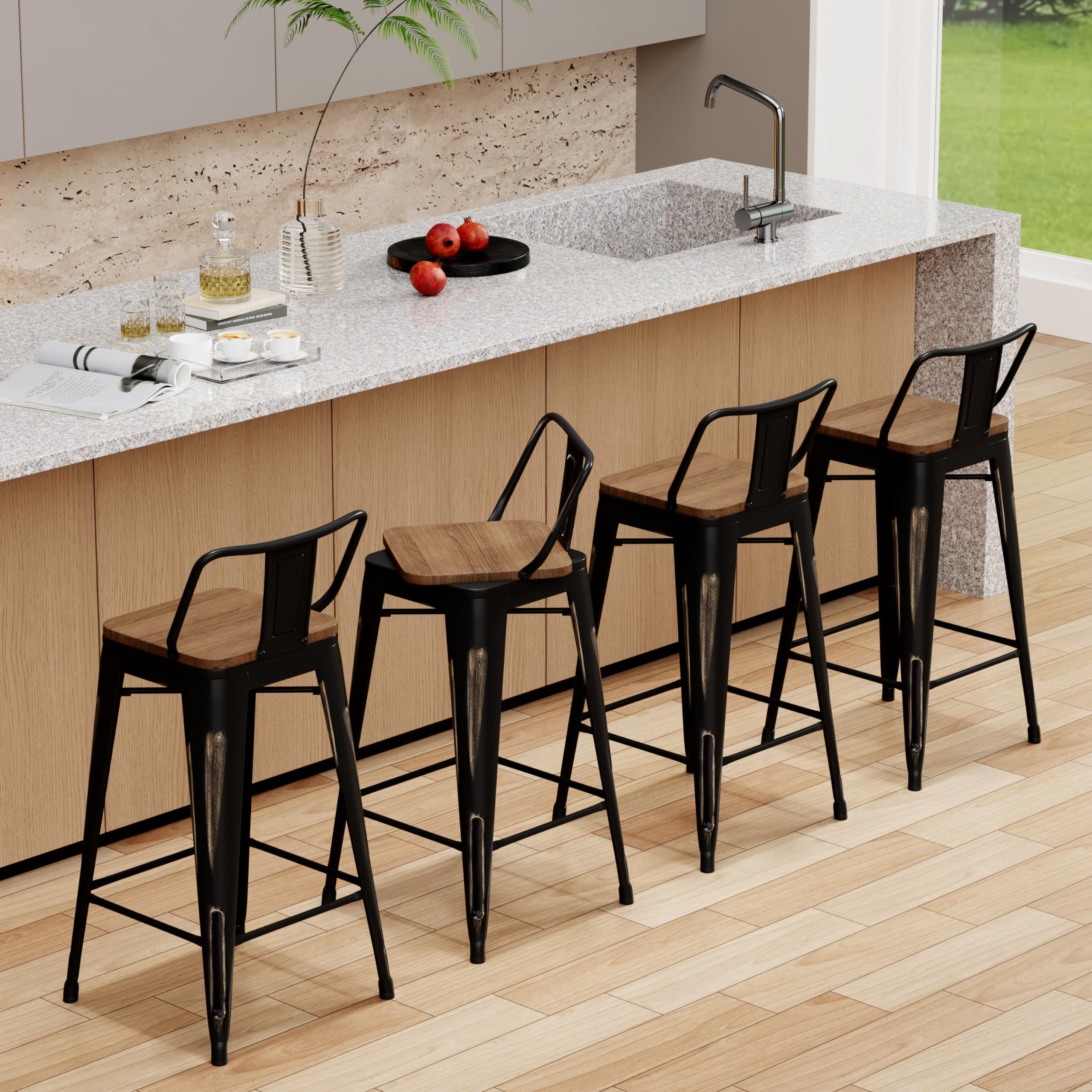 26 Inch Bar Stools Set of 4 - Counter Height Swivel Bar Chairs with Gold Finish & Back Support - Modern Kitchen Stools for Breakfast Nook, Home Bar & Dining Counter - Black Metal Barstools