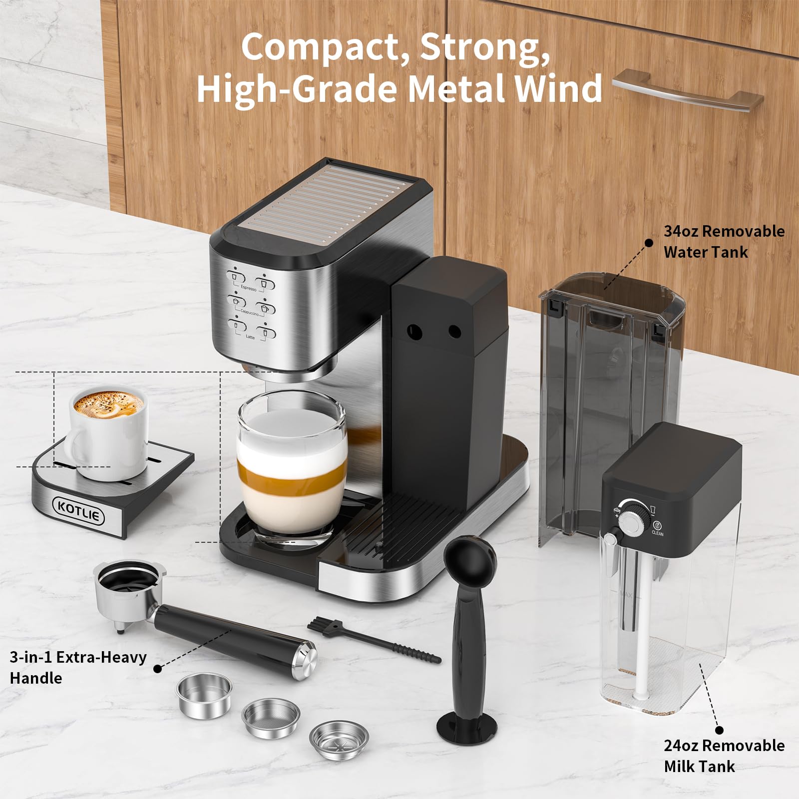 KOTLIE Automatic Espresso Coffee Machine with Milk Frother - 20Bar Pressure, Dual Heat System (1350W & 900W), ESE Pod Compatible for Espresso/Cappuccino/Latte - Perfect for Home, Office & Coffee Shops (120V, Metal)