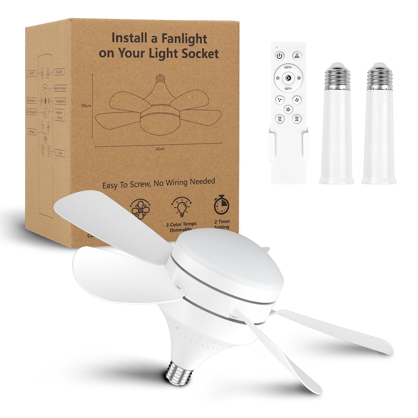 Remote Control Ceiling Fan with LED Light - 3 Color Temperatures (3000K-6500K), 3 Speed Settings, 2000LM Dimmable Bulb, Screw-In Socket Fan for Bedroom, Living Room, Kitchen & Garage - Perfect for Home Cooling and Ambient Lighting