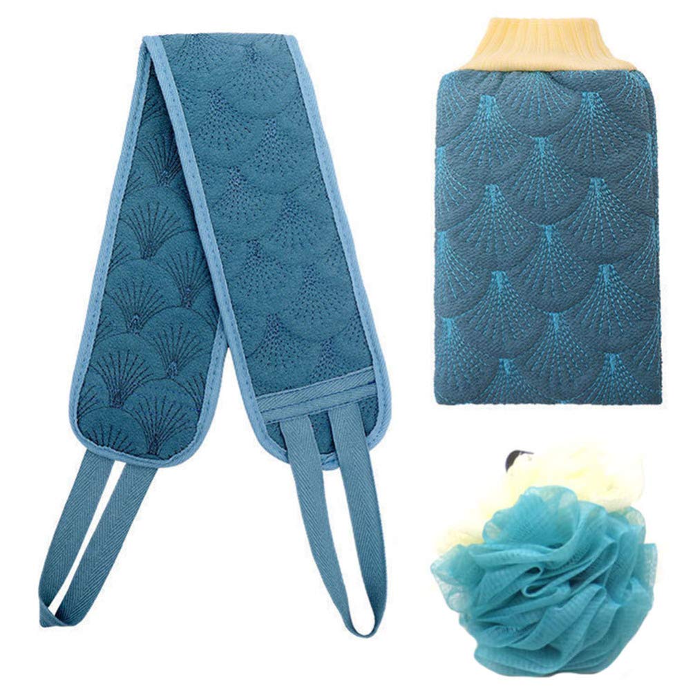 Minkissy 3-Piece Blue Exfoliating Gloves & Body Scrubber Set - Shower Towel Pouf & Scrubbing Mitts for Dead Skin Removal - Spa, Massage & Smooth Skin Care - Perfect for Home Use, Gifts & Self-Care Routine