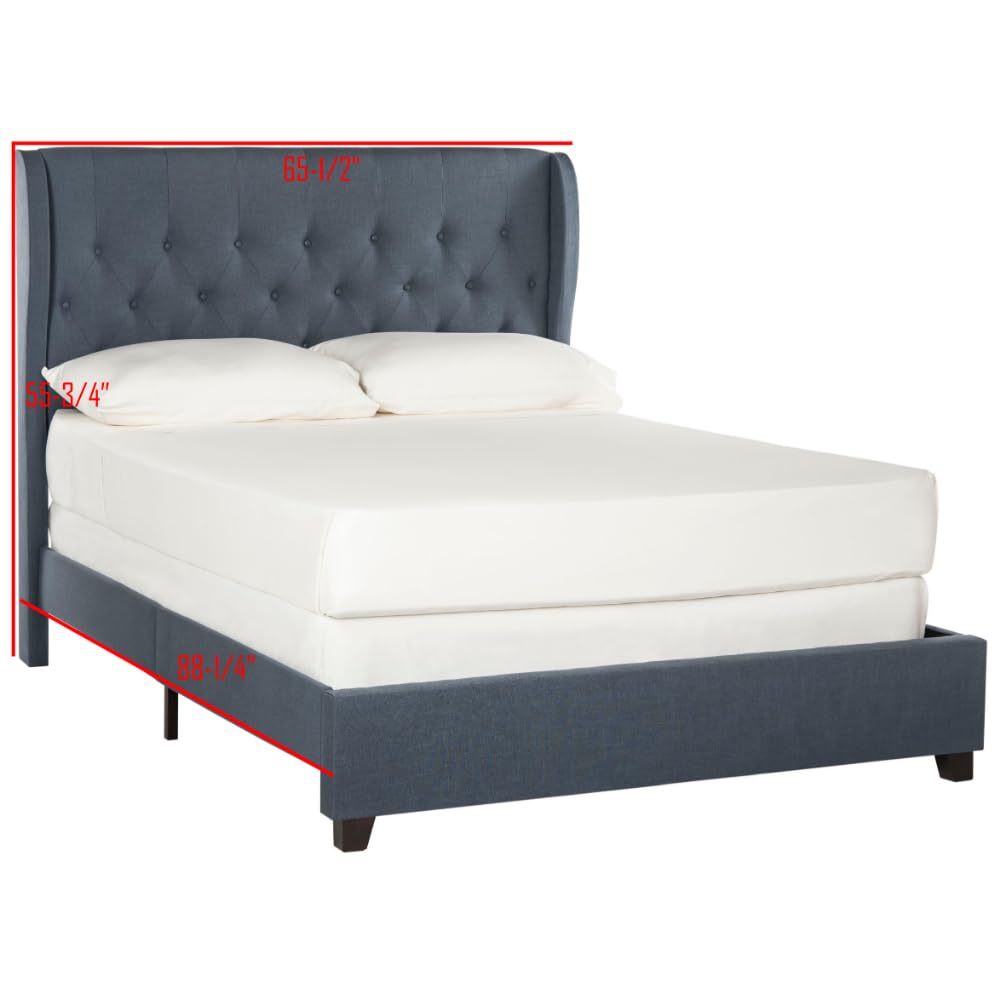 SAFAVIEH Blanchett Navy & Espresso Full Size Bed Frame - Modern Platform Bed with Upholstered Headboard - Perfect for Bedroom, Guest Room & Dorm Decor