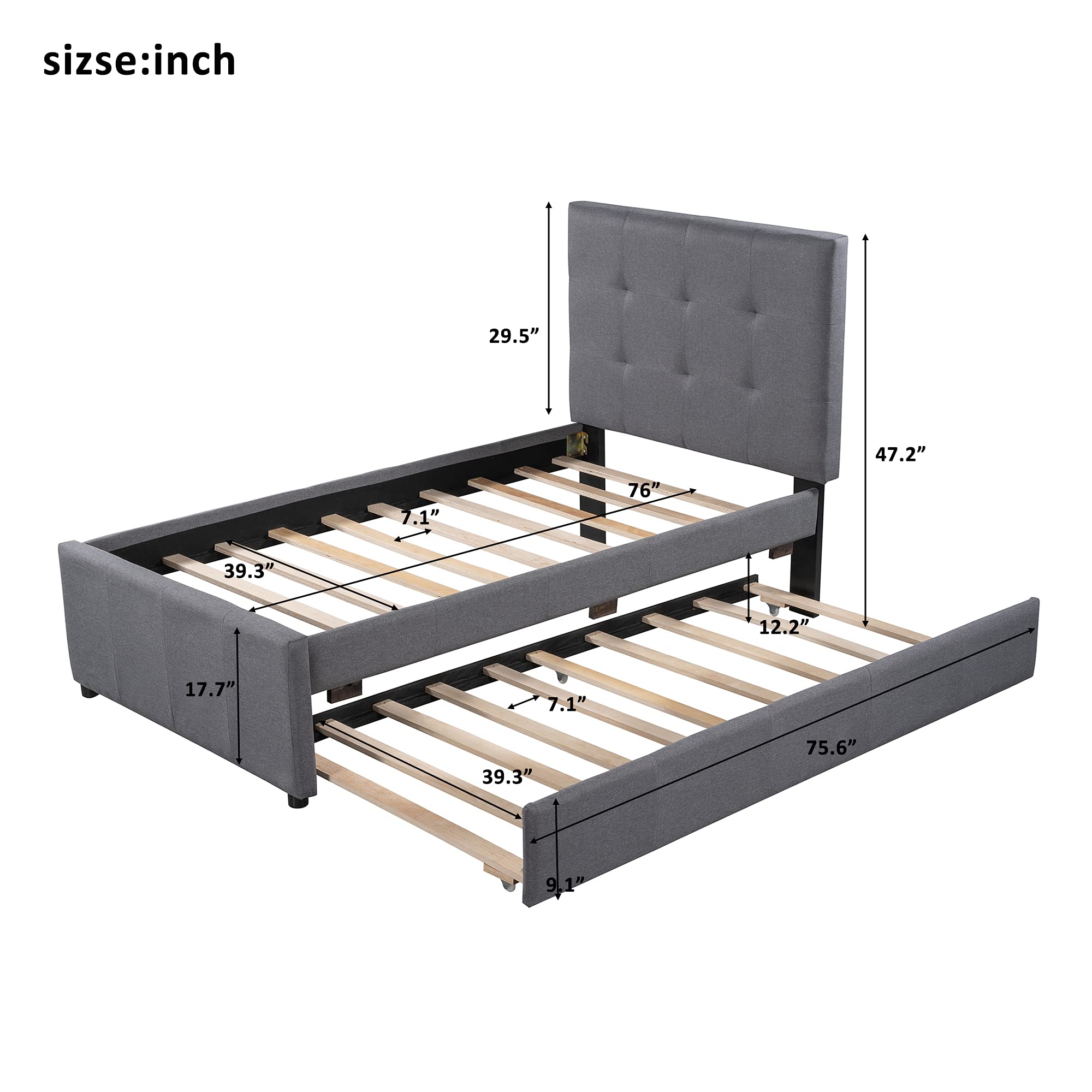 RUNNA Twin Size Upholstered Platform Bed Frame with Trundle - Linen Fabric Daybed with Headboard for Kids & Teens - No Box Spring Needed - Perfect for Small Bedrooms, Guest Rooms & Sleepovers