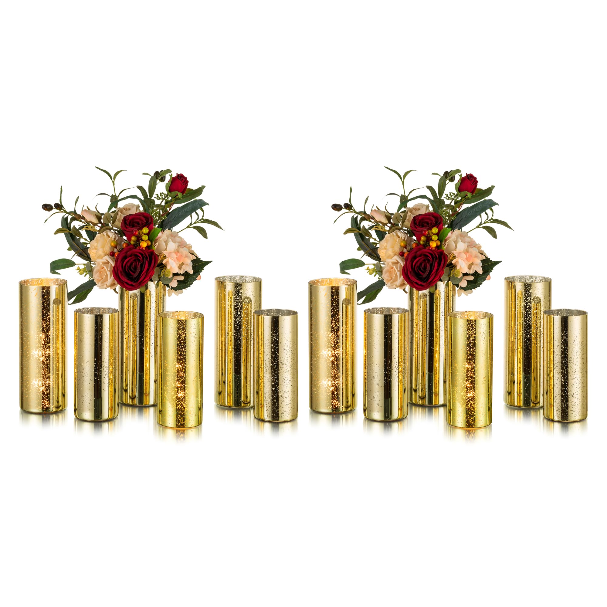 Glasseam 12-Piece Glass Cylinder Gold Candle Holders Set - Hurricane Vases for Pillar Candles, Modern Mercury Floating Candle Jars - Perfect for Wedding Centerpieces, Living Room Decor & Home Tabletop Displays