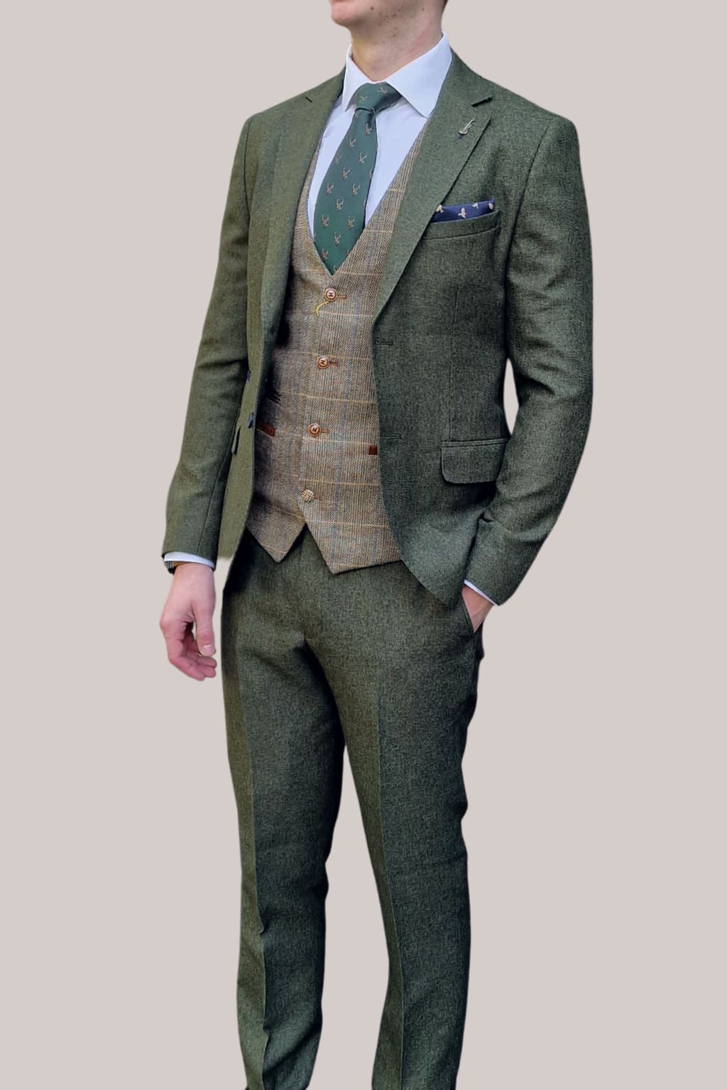 Fratelli Robbie Men's Green Tweed Suit with Marc Darcy Tan Tweed Waistcoat | Classic 3-Piece Wedding Suit | Perfect for Formal Events, Business Meetings & Special Occasions