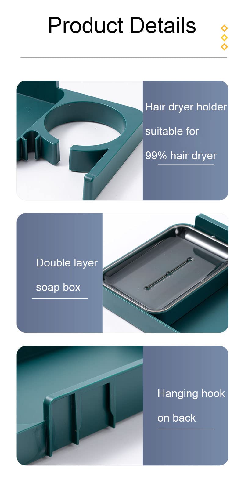 Wall Mount Hair Dryer Holder & Toiletries Organizer - Bathroom Storage Shelf for Hair Dryers, Brushes & Essentials (Green) - Perfect for Small Bathrooms & Vanity Organization