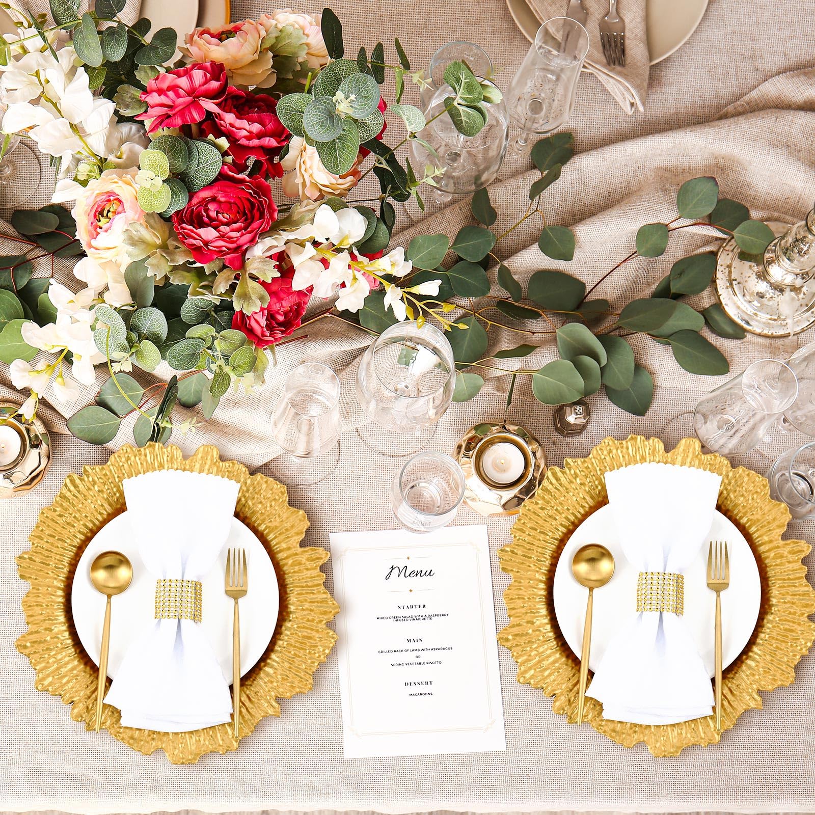 100 Pcs Gold 13 Inch Plastic Wedding Charger Plates - Floral Decorative Plates with Metallic Ruffled Rim for Wedding Party, Holiday Events & Special Occasions - Elegant Table Setting for Banquets, Bridal Showers & Anniversary Celebrations