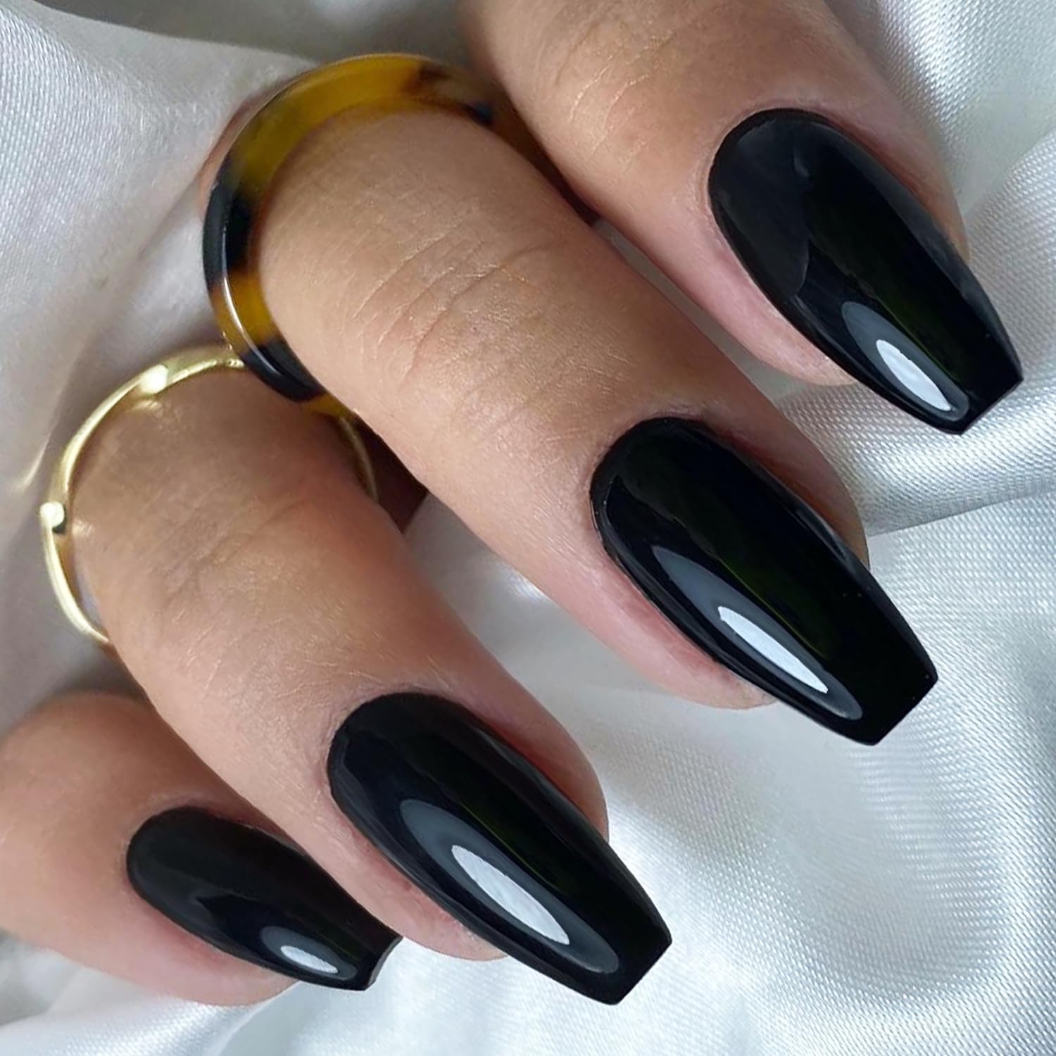 GLAMERMAID Black Press On Nails - Medium Coffin Shape, Long Fake Nails with Glossy Gel Polish | Reusable Stick on Nails Kit for Women & Girls | Perfect for Parties, Weddings & Everyday Wear