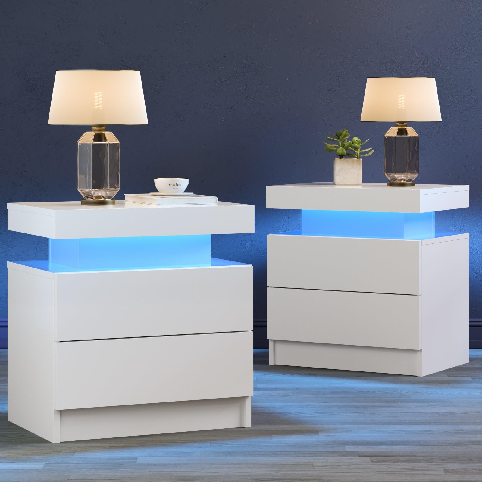 Modern White LED Nightstand Set of 2 - Bedside Table with 2 Drawers & USB Charging Ports - Perfect for Bedroom, Living Room & Small Spaces