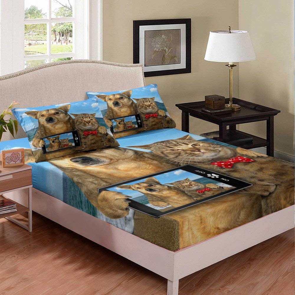 Funny Fat Dog Cat Print Twin XL Kids Bed Sheets - Pet Theme for Boys & Girls Bedroom Decor