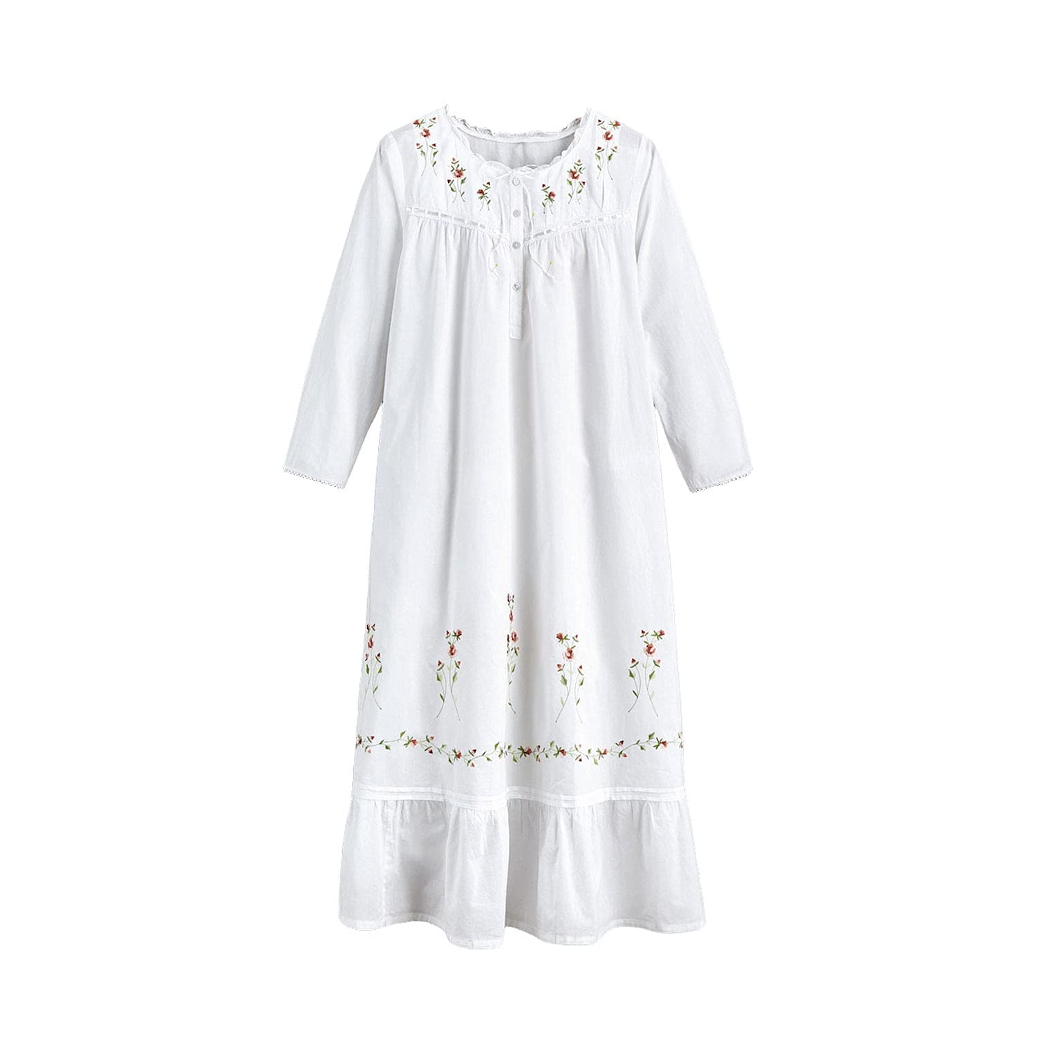 LA CERA Women's 3/4 Sleeve Cotton Nightgown - Soft 100% Cotton Sleepwear with Side Pockets, Rose Embroidery & Ribbon Trim - Perfect for Relaxing at Home, Lounging & Comfortable Sleep