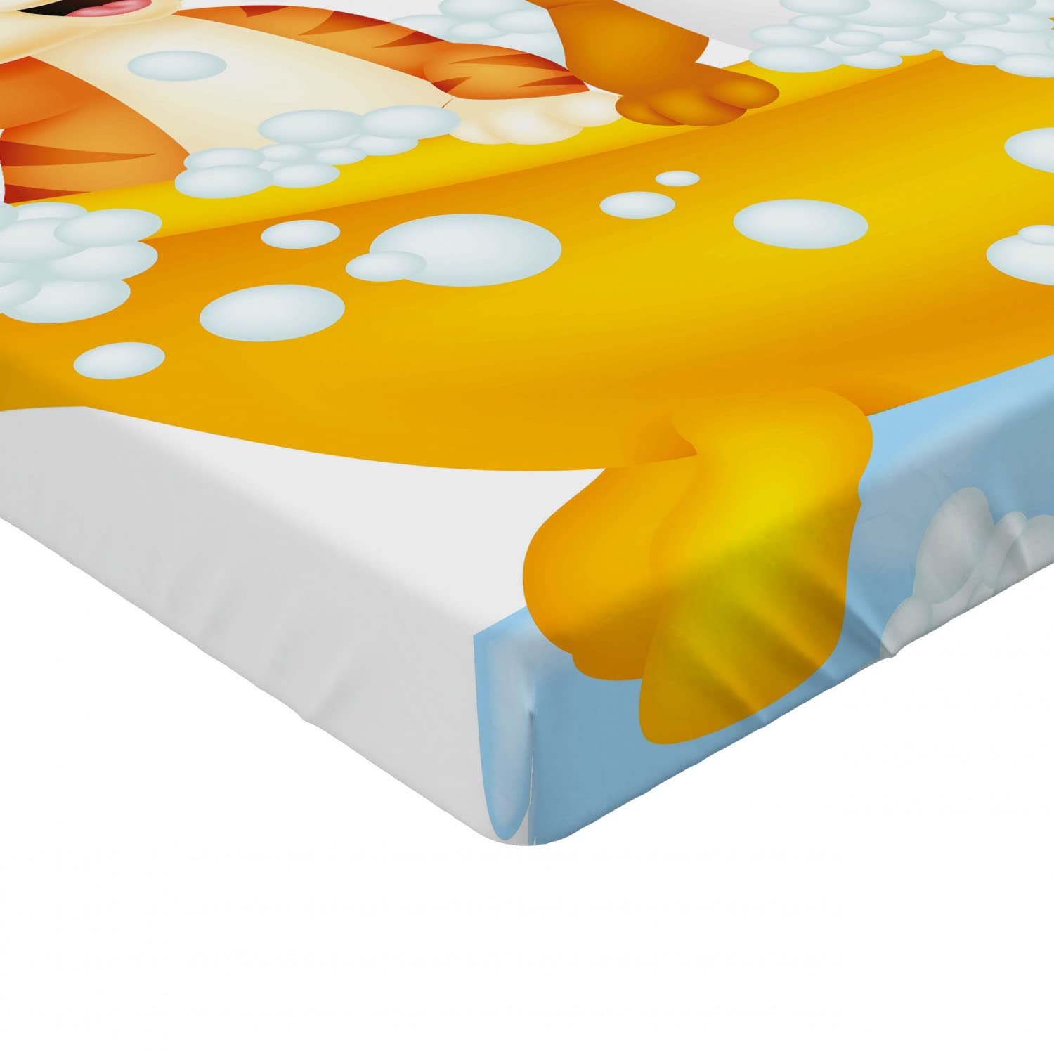 Ambesonne Animal Print Fitted Sheet - Cartoon Cat & Dog in Bathtub with Bubbles Design, Deep Pocket Elastic Queen Size Bed Sheet in Yellow Brown Blue - Perfect for Kids' Rooms, Guest Bedrooms & Cozy Home Decor