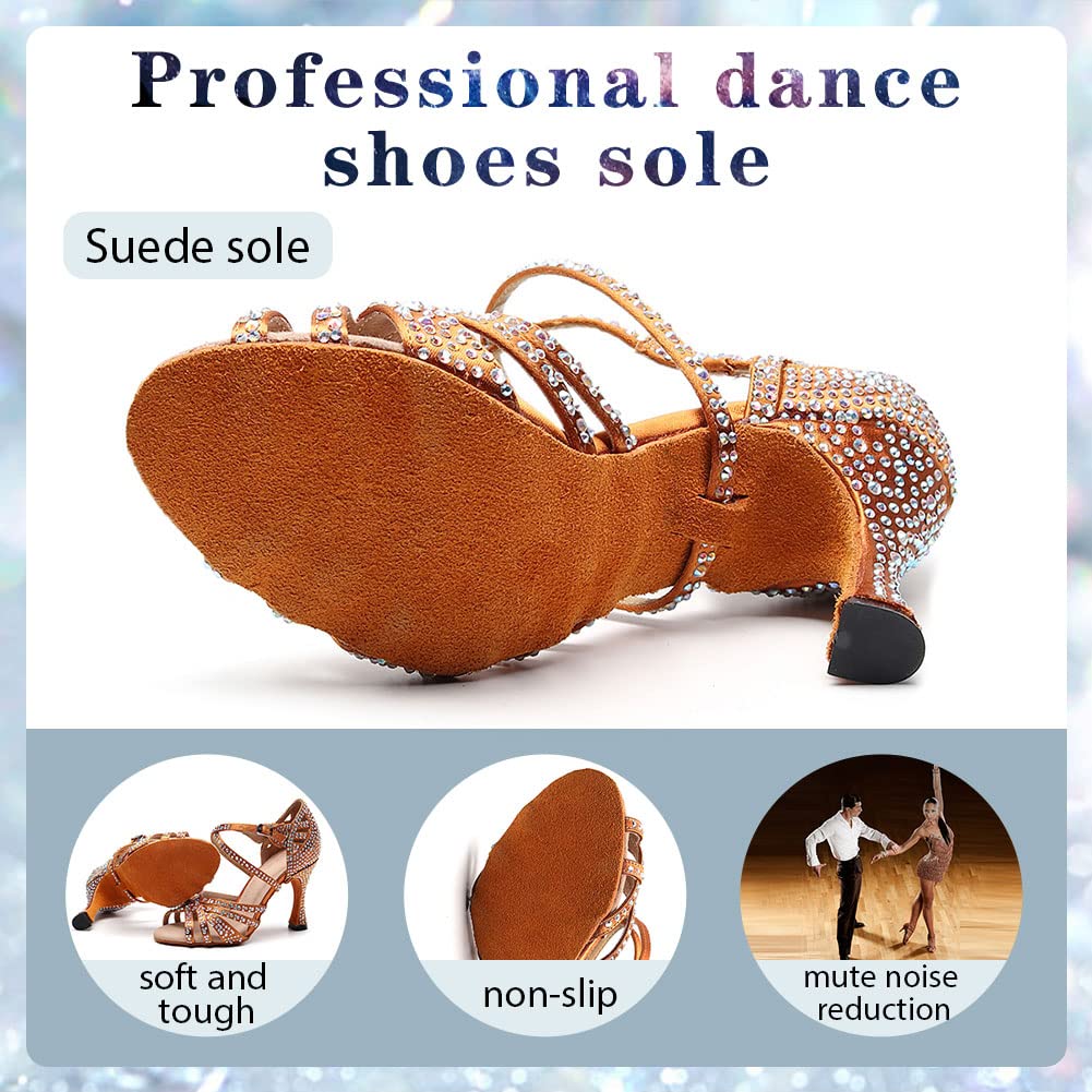 Professional Women's Rhinestone Latin Dance Shoes - 3.5 Inch Heel Open Toe Ballroom Salsa Shoes for Social Dancing | Perfect for Competitions, Performances & Dance Classes