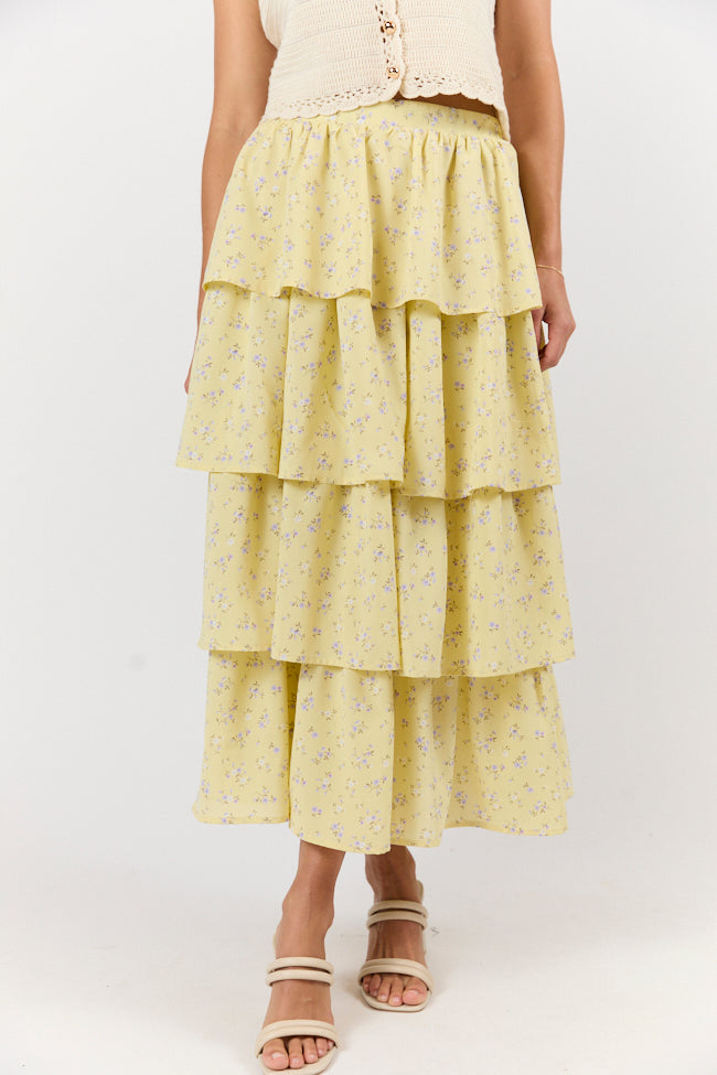 Meet Me Halfway Yellow Tiered Floral Maxi Skirt for Women - Boho Summer Beach Dress with Pockets - Perfect for Vacations, Music Festivals & Date Nights