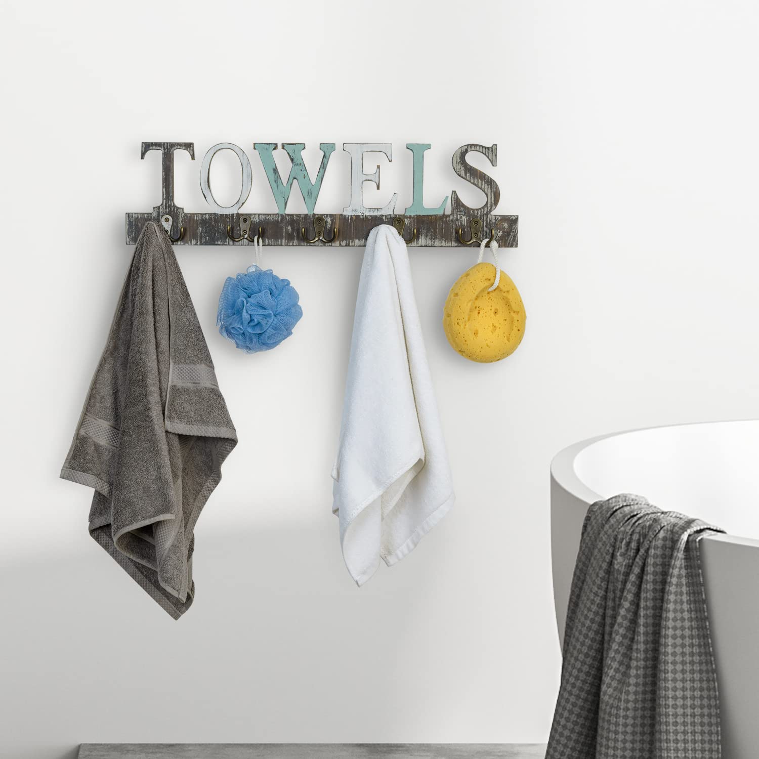 Rustic Wall Mounted Solid Wood Towel Rack with 5 Dual Hooks - Decorative Towel Cutout Design for Bathroom, Kitchen & Laundry Room - Perfect for Hand Towels, Aprons & Robes Organization