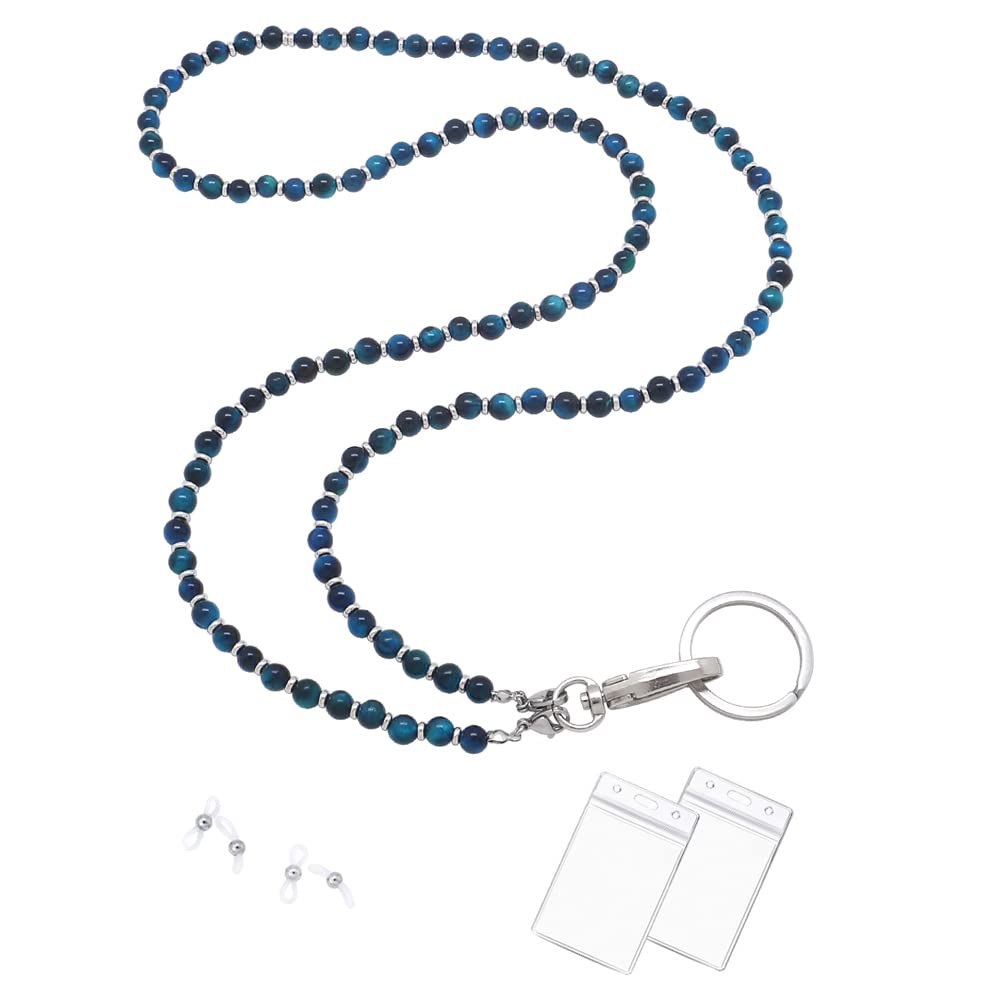 Beaded Lanyard for Women - ID Badge Holder & Keychain Necklace for Teachers & Office Use (Blue Tiger Eye)