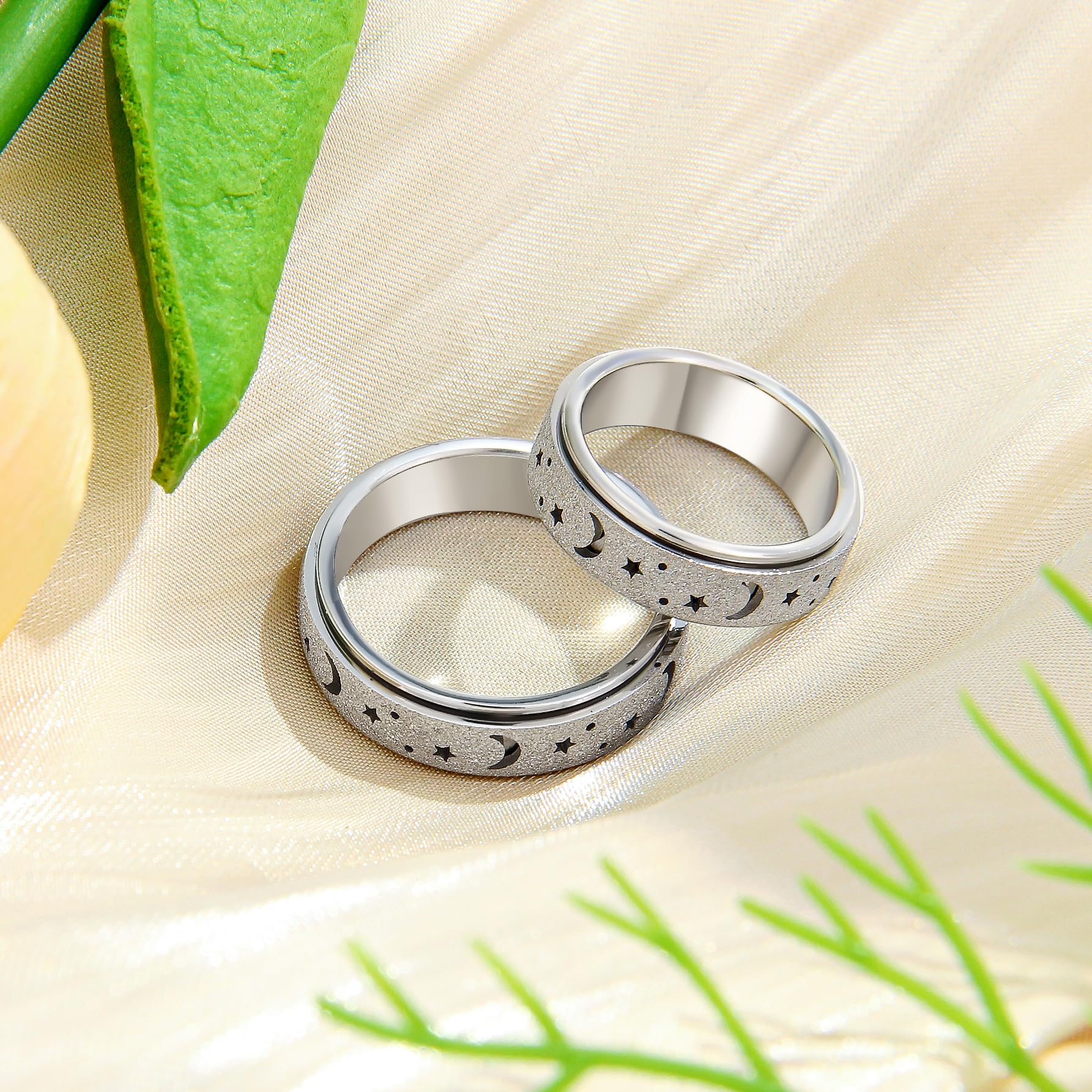 Anxiety Spinner Ring for Women & Men - Stainless Steel Moon Star Design for Stress Relief - Size 6-10
