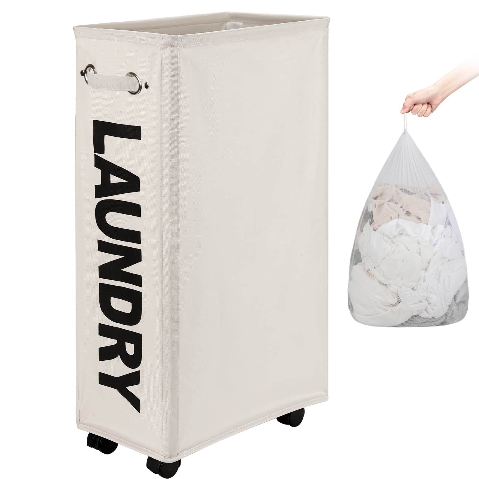 DOKEHOM 29-Inch Slim Rolling Laundry Basket with Removable Wash Bag - Foldable Collapsible Hamper for Small Spaces - Narrow Corner Clothes Storage Bin on Wheels (Beige) - Perfect for Apartments, Dorms & Tight Laundry Rooms