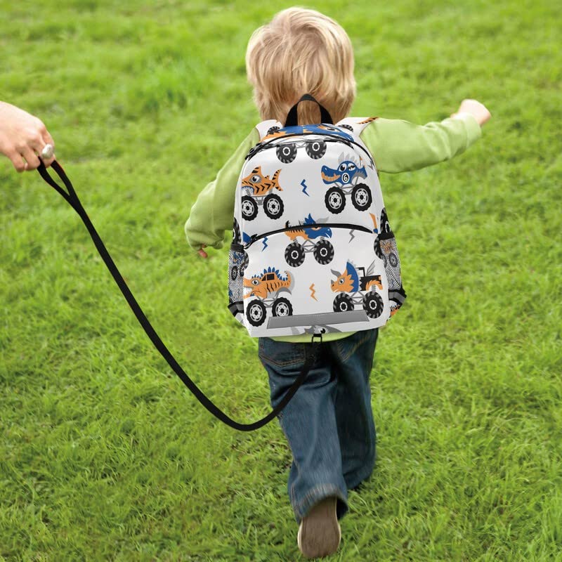 Kids Toddler Backpack with Safety Leash - Cute Animal Monster Trucks Design School Bag for Boys & Girls | Durable Construction Vehicle Themed Kindergarten Backpack for Preschool, Nursery & Travel | Features Chest Clip & Reflective Stripes for Safety | Perfect for School, Daycare & Family Outings