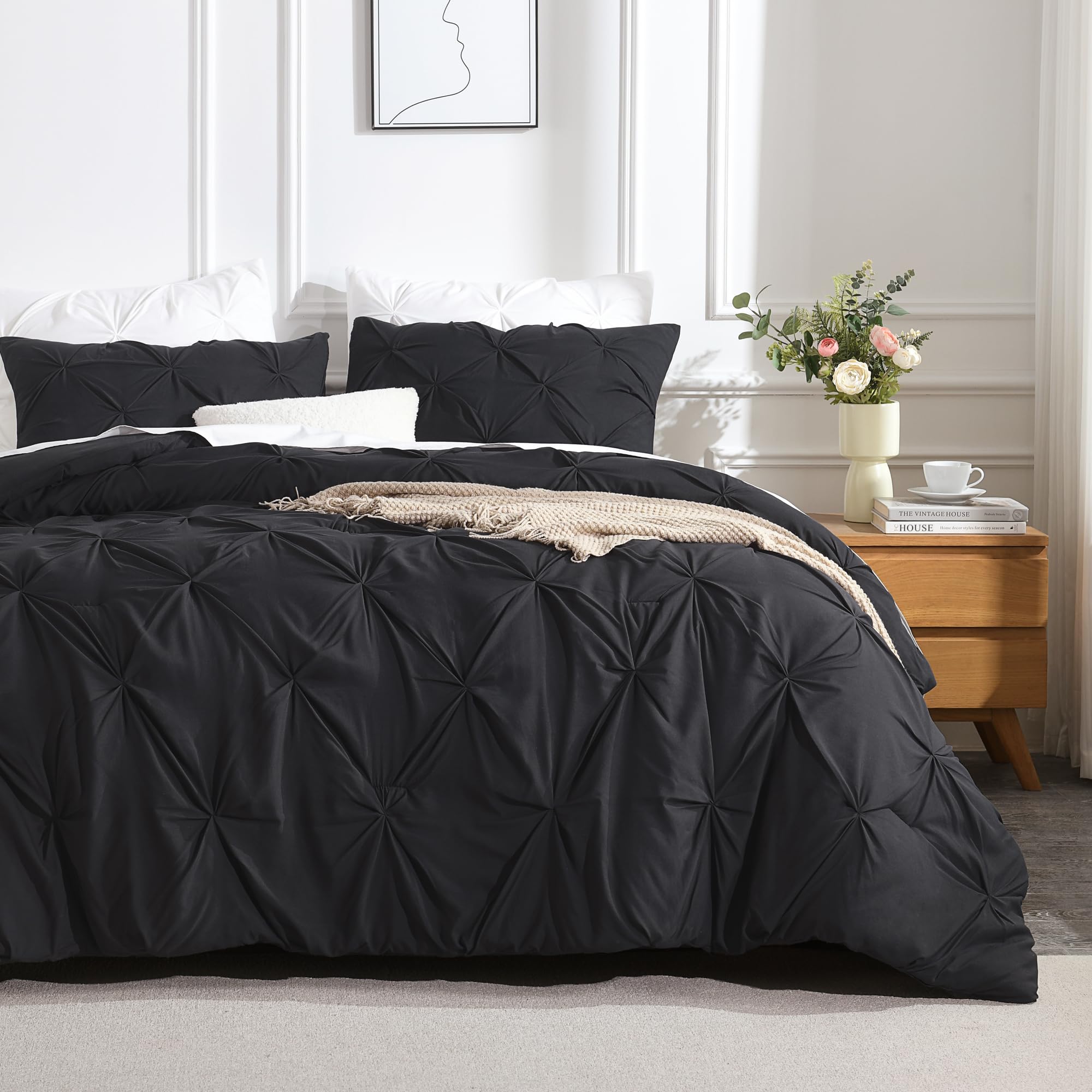 Andency Black Pinch Pleat Comforter Twin Set (66x90 Inch) - 2 Piece Microfiber All Season Down Alternative Bedding with Pintuck Design & Pillowcase - Perfect for Guest Rooms, Dormitories & Cozy Bedroom Decor