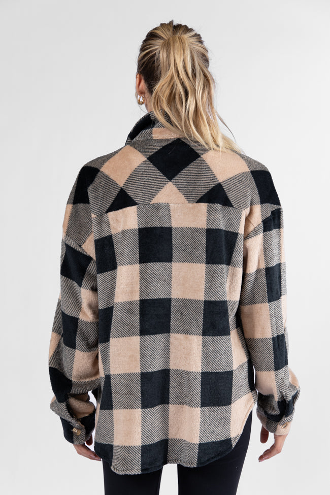 Wind Down Black and Tan Fleece Plaid Shacket - Cozy Overshirt for Men & Women | Perfect for Fall & Winter Layering, Outdoor Adventures & Casual Wear | FINAL SALE