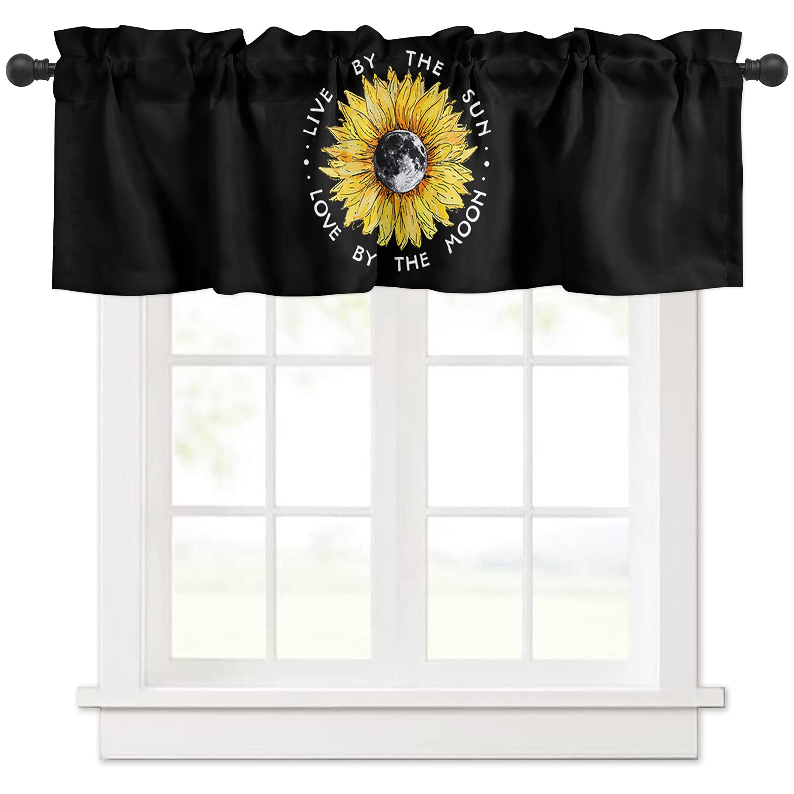 Sunflower and Moon Black Rod Pocket Window Valance Curtains 54x18 Inch - Live by The Sun Love by The Moon - Short Valance for Kitchen, Living Room, Bedroom - Perfect for Holiday Home Decor & Cozy Window Treatments