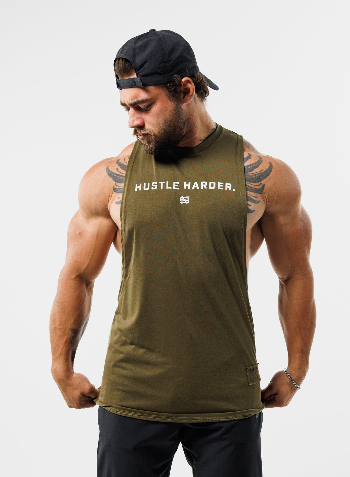 HUSTLE HARDER BRO TANK TOP - Premium Olive Green Muscle Fit Workout Shirt for Gym, Running & Streetwear Fashion