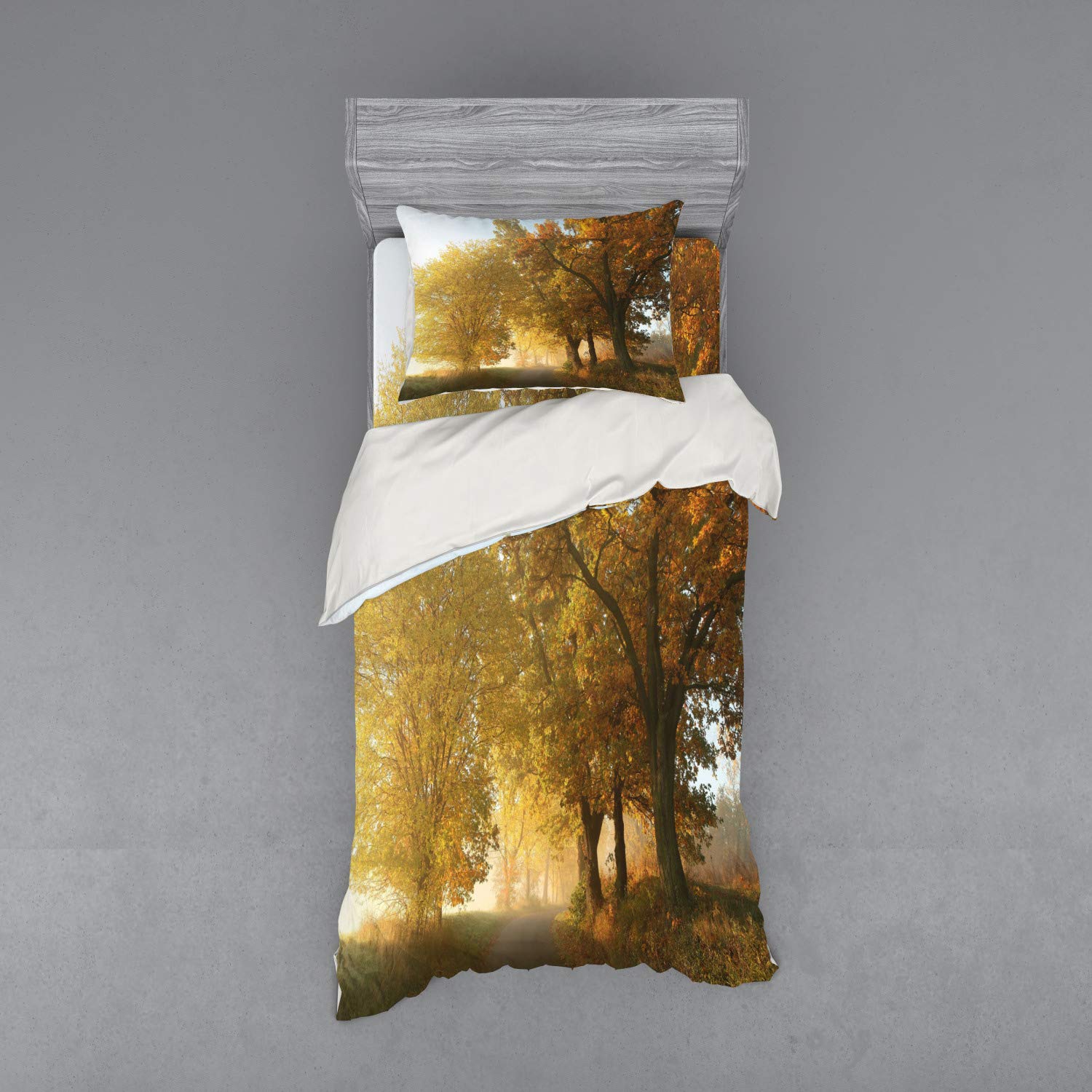 Ambesonne Autumn Duvet Cover Set - Misty Countryside Landscape Design with Sham & Fitted Sheet, 3-Piece Twin XL Bedding in Green & Yellow | Cozy Fall Bedroom Decor for Farmhouse & Rustic Home Style