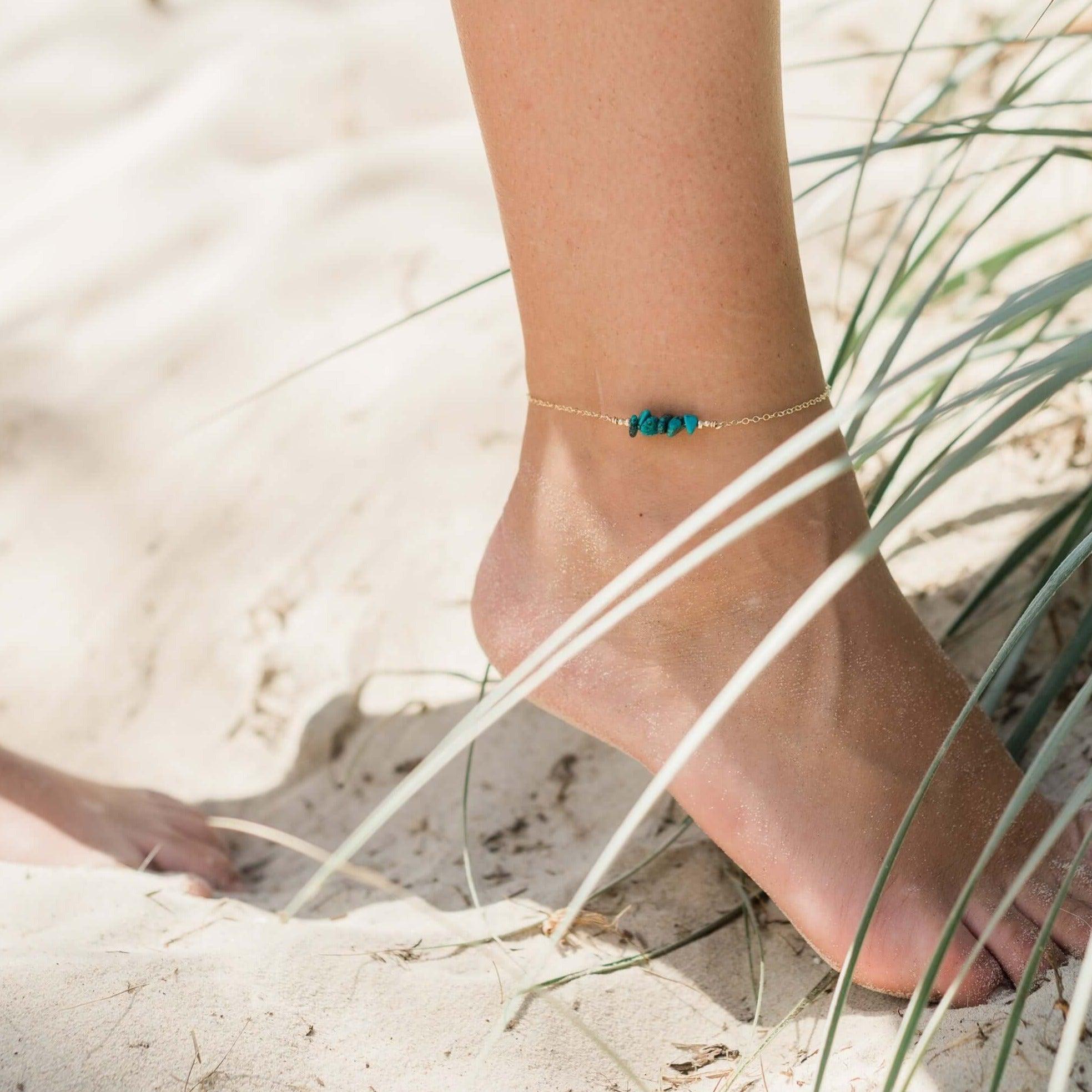 Turquoise Chip Bead Bar Anklet - Handmade Boho Ankle Bracelet for Women, Adjustable Summer Beach Jewelry | Perfect for Vacations, Music Festivals & Boho Fashion