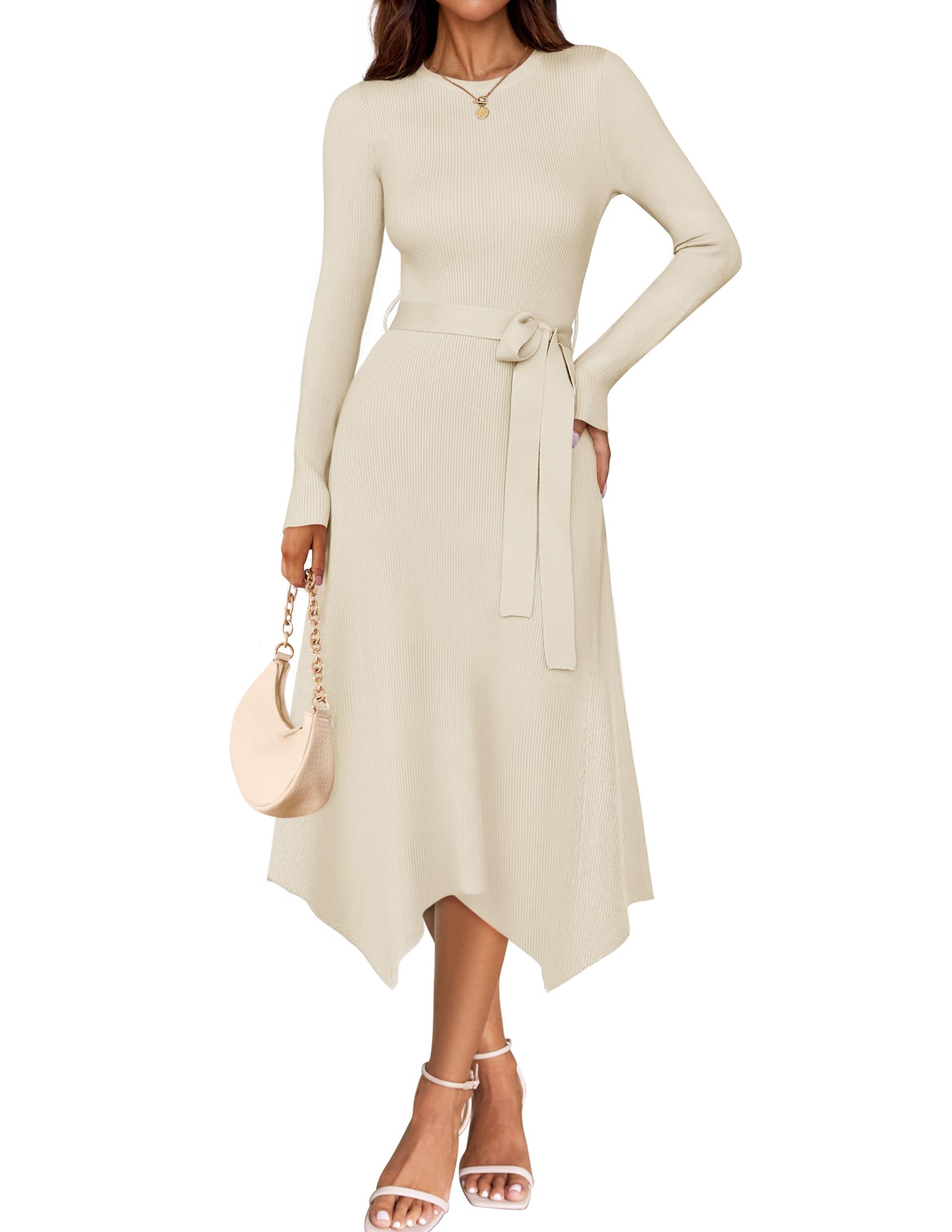 ZESICA Women's 2025 Spring Long Sleeve Ribbed Knit Sweater Dress with Belt - High Waist Midi Dress for Office, Date Night & Casual Outings