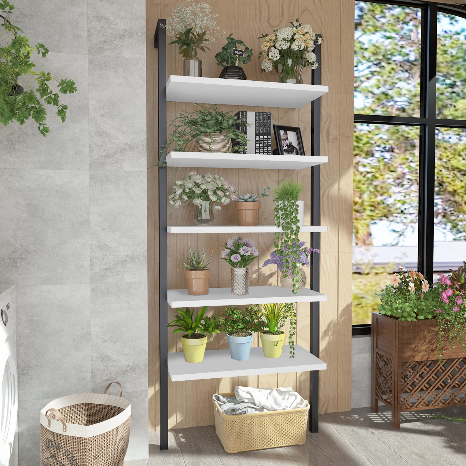 Industrial Ladder Bookshelf - 5-Tier Wall Mounted Bookcase with Metal Frame, Open Display Storage Shelf for Living Room, Bedroom, Office & Balcony | Space-Saving Leaning Ladder Design for Home Decor & Organization