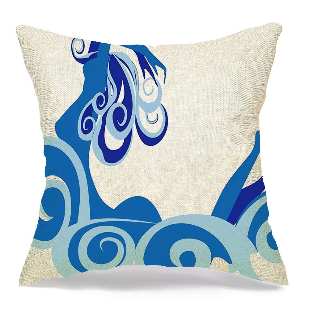 20x20 Inch Decorative Linen Square Throw Pillow Cover - Mermaid Wave Ocean Theme for Home Decor, Spa, Beach House & Poolside Lounge - Perfect for Living Room, Bedroom, or Coastal-Themed Parties