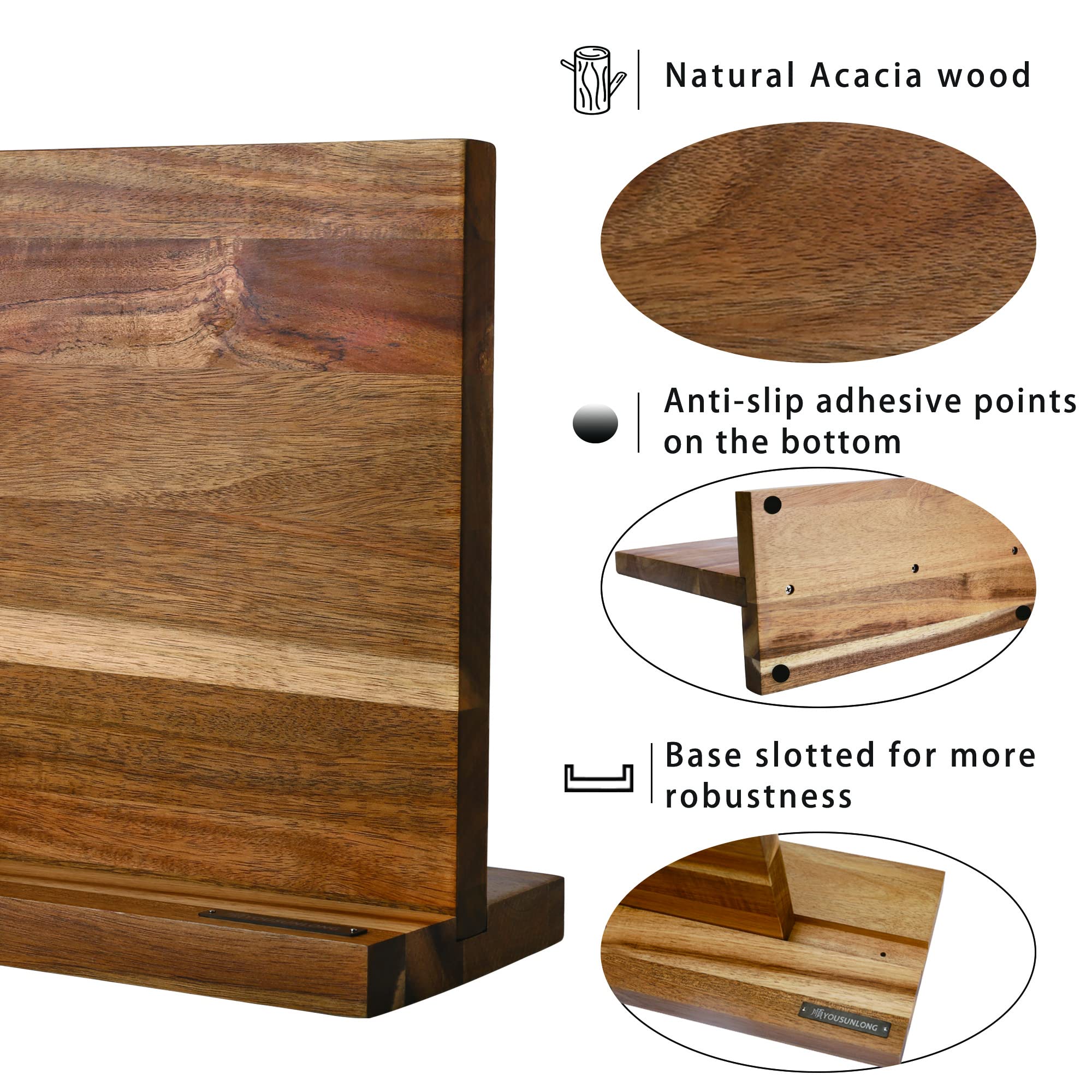 YOUSUNLONG Magnetic Knife Block Holder Stand - Double Sided Acacia Wood Knife Storage Rack for 10 Inch Knives - Large Cutlery Display & Organizer for Kitchen Countertop, Restaurant, Butcher Shop