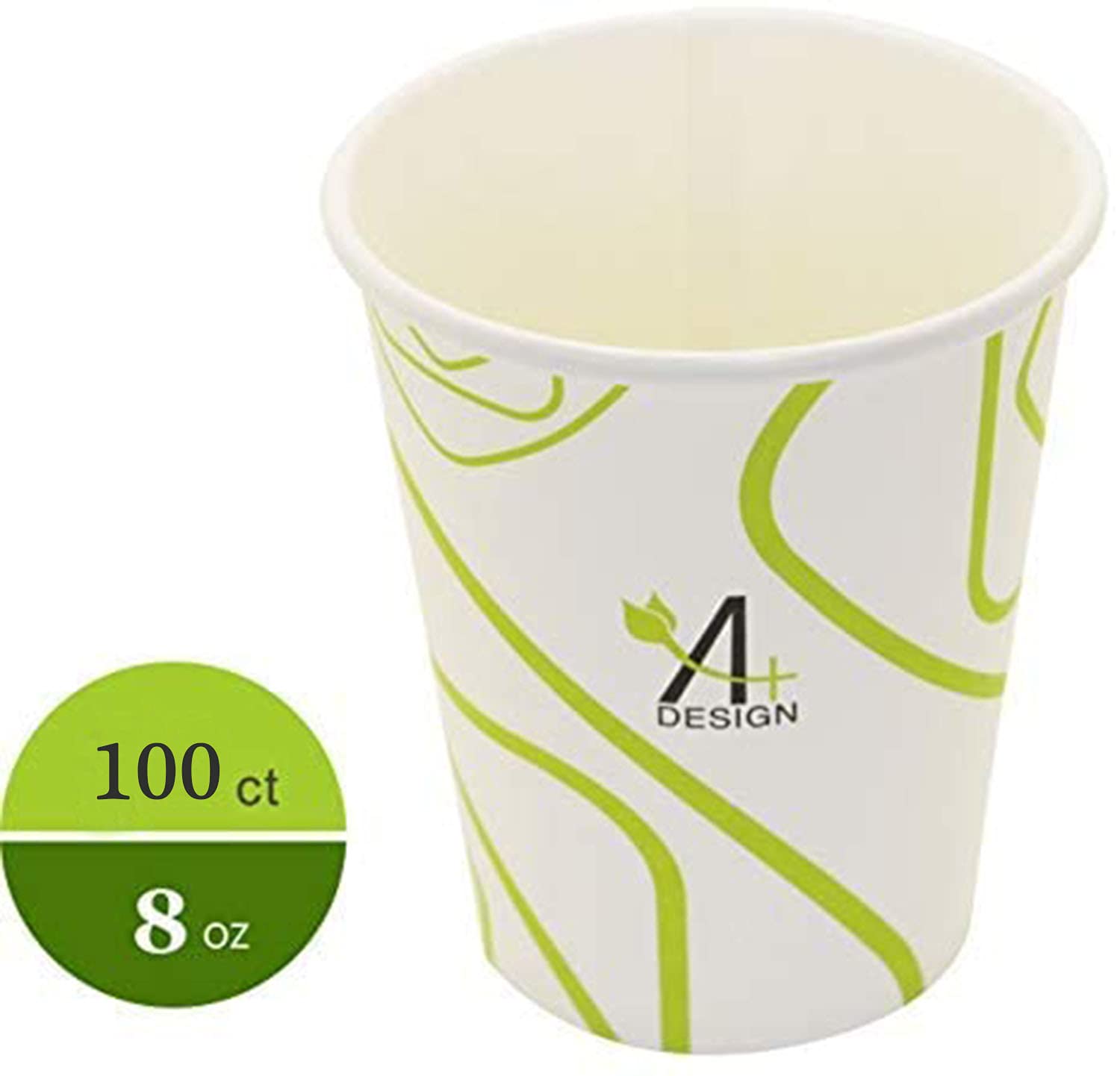 Eco-Friendly 8 oz Biodegradable & Compostable Paper Coffee Cups - 100 Count, Green Lines Design | Perfect for Home, Office, Cafes & Eco-Conscious Events