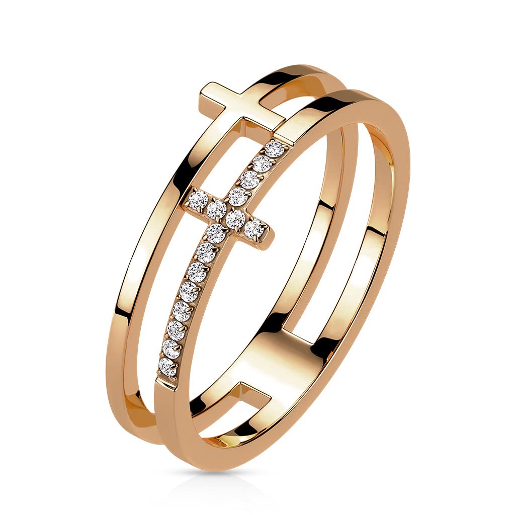 CZ Double Sideways Split Cross Rose Gold Stainless Steel Ring for Women - Elegant Religious Jewelry Gift for Christmas, Baptism, Wedding & Everyday Wear