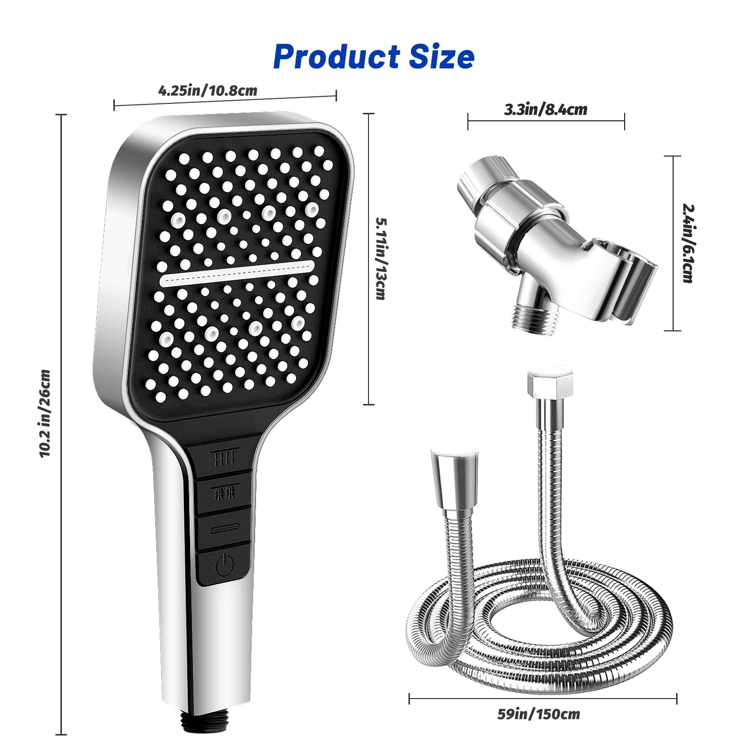 VEHHE 7-Spray Mode Square Shower Head with 1.5M Hose - Water Saving Rain Shower with Stop Button & Adjustable Universal Bracket (Silver) - Perfect for Bathroom Renovation & Water Conservation