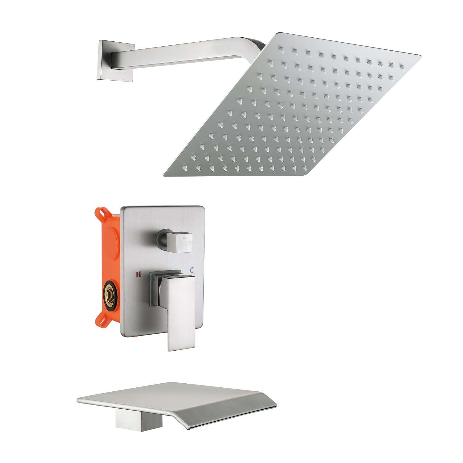 JOYWELL Brushed Nickel Bathtub and Shower Faucet Set - 10 Inch Rainfall Shower Head with Waterfall Tub Spout - Complete Bathroom Fixture for Modern Home Renovation - Perfect for Spa-Like Relaxation and Daily Showering