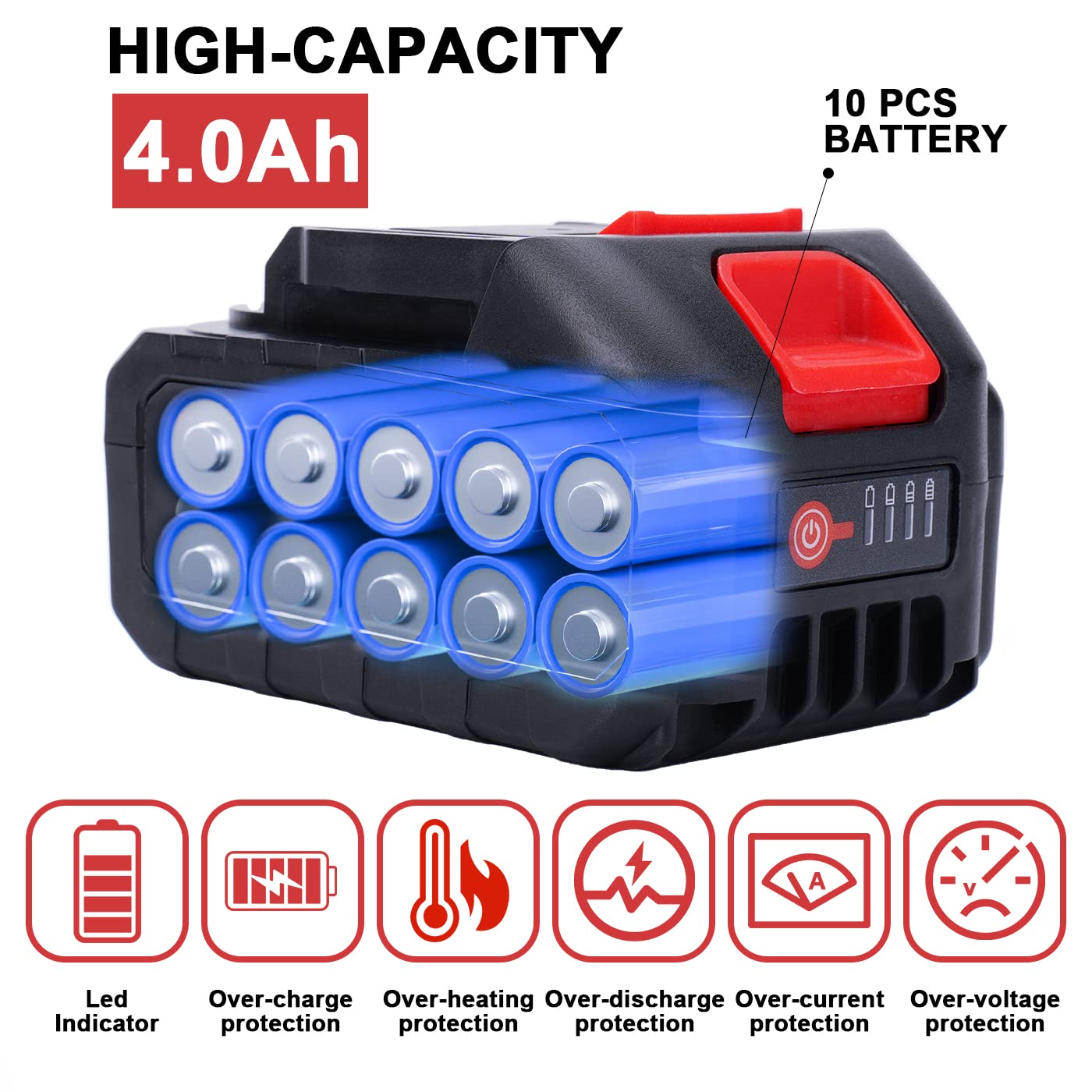 21V 4.0Ah Lithium Battery with LED Power Display & Charger Adapter - Compatible with Leaf Blowers, Mini Chainsaws - Perfect for Yard Work, Landscaping and DIY Projects