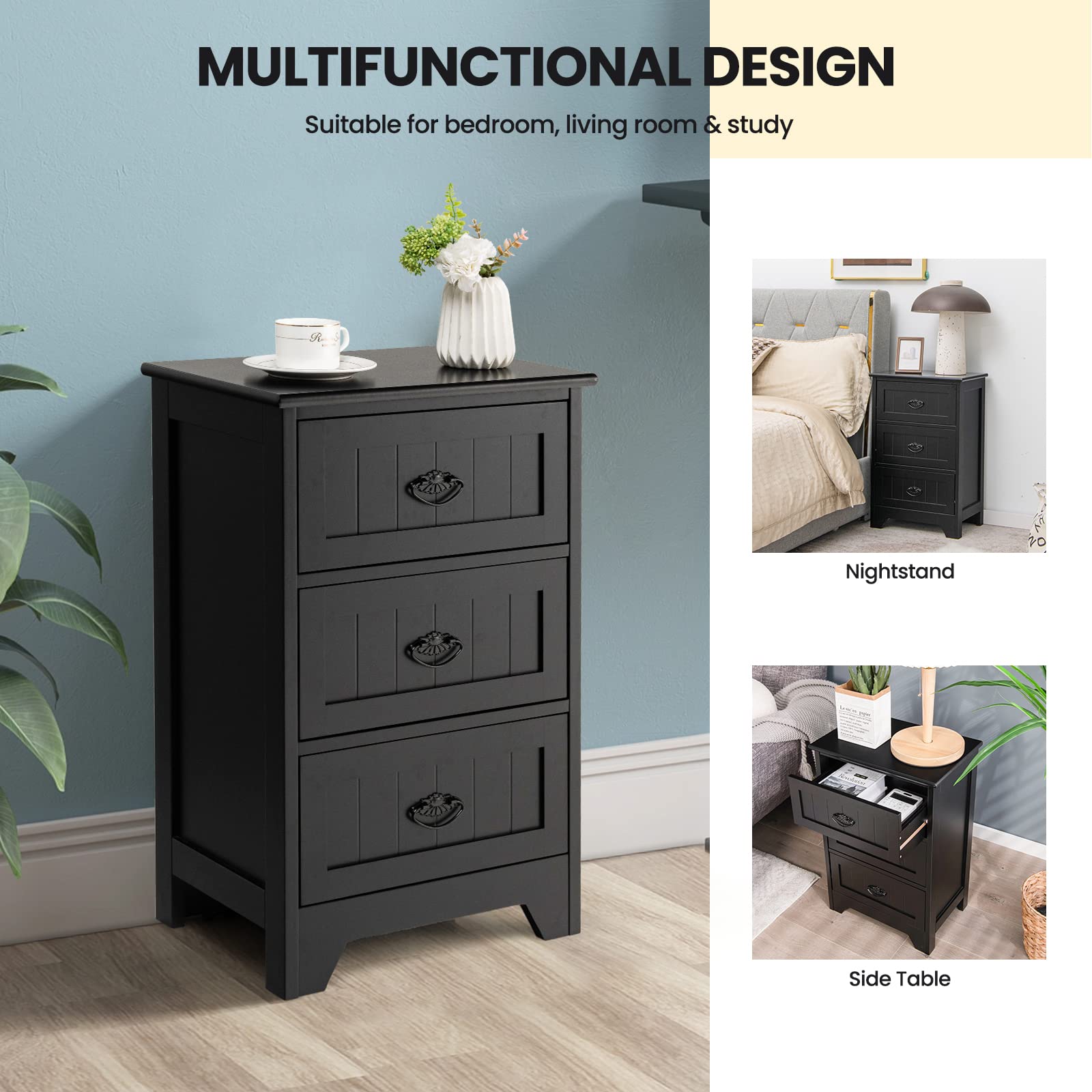 Giantex 3-Drawer Nightstand with Metal Handles, Bedside Table with Anti-Tip Design - Black Accent Table for Bedroom, Living Room & Office | Perfect for Storing Books, Lamps & Bedroom Essentials
