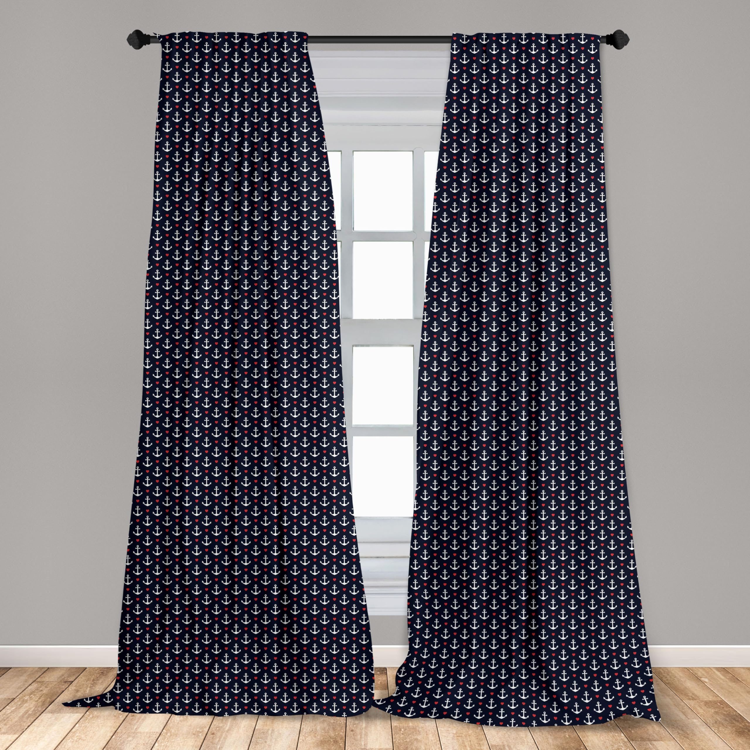 Ambesonne Nautical Anchor Window Curtains - Black White Red Striped with Small Anchors & Hearts, Lightweight 2-Panel Set (28x63 inches) for Bedroom, Living Room & Vacation Home Decor - Rod Pocket Design for Easy Hanging