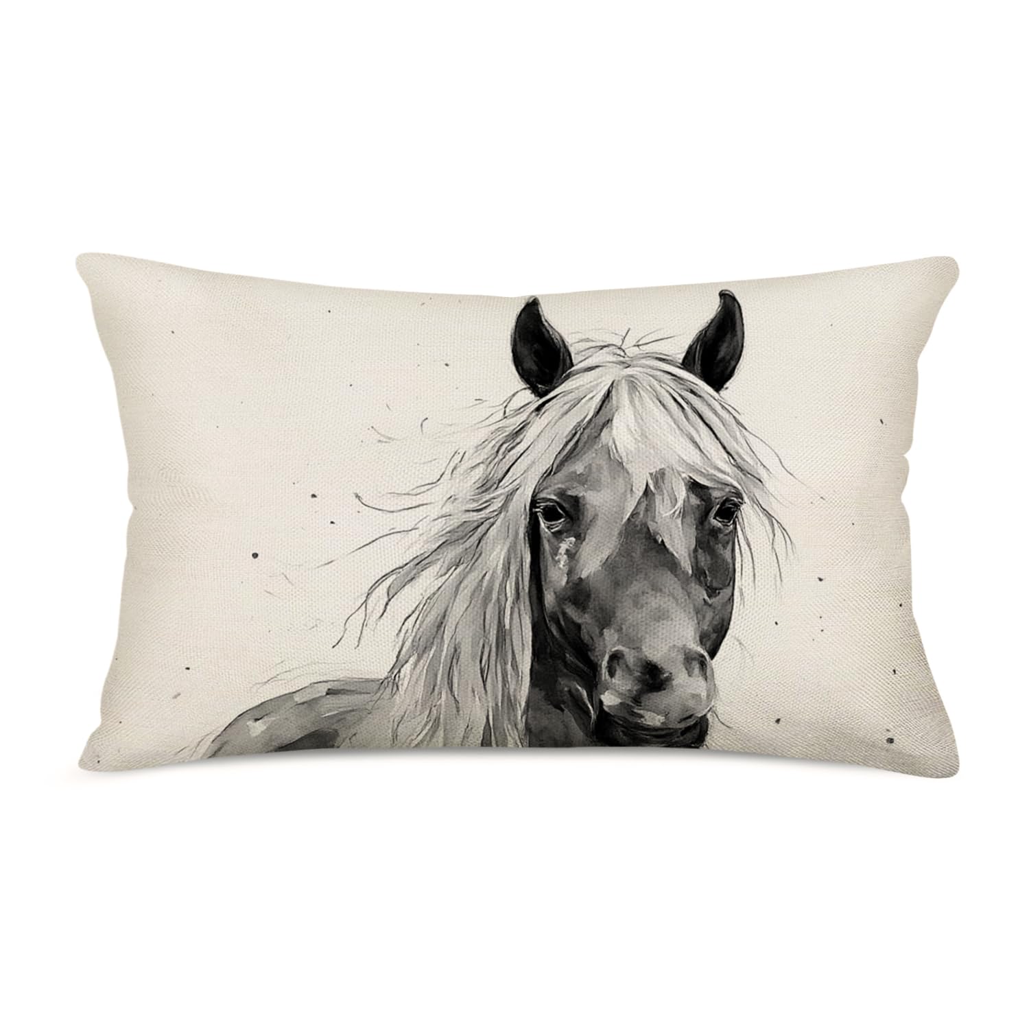 Vintage Horse Painting Throw Pillow Covers - 12x20 Inch Black Ink Hand-Painted Animal Theme Decorative Pillow Cases - Cotton Linen Cushion Cover for Sofa, Couch, Bedroom & Home Decor
