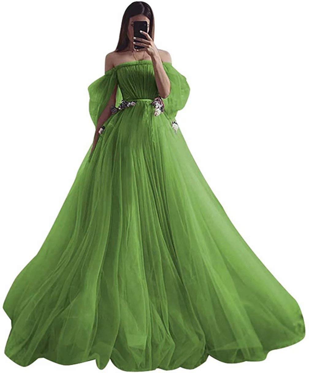 Vintage Long Puffy Sleeves Tulle Princess Prom Quinceanera Dresses with Split Ball Gown Design - Olive Green Formal Party Dress US Size 2 for Birthday, Wedding, and Special Occasions