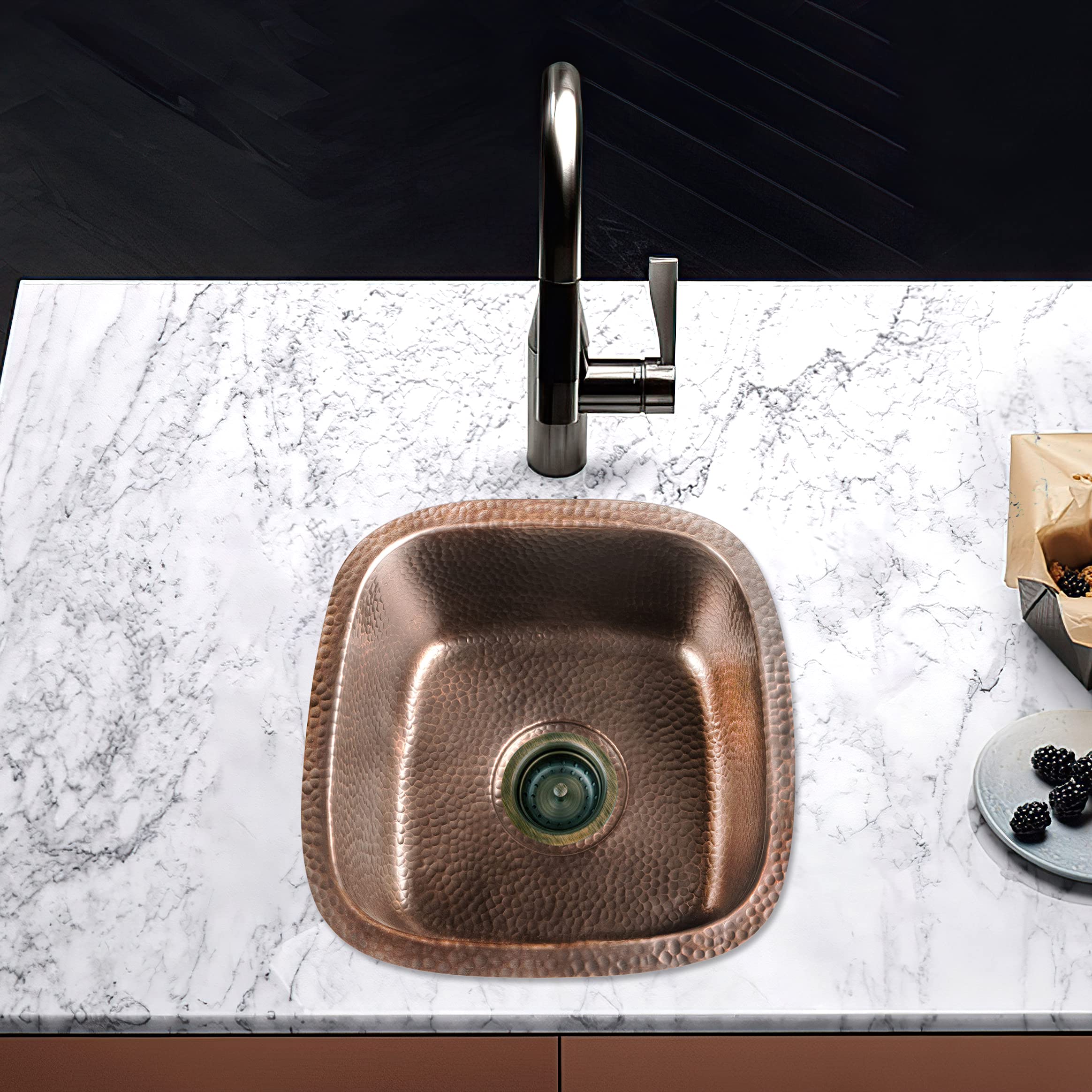 Monarch Abode 17091 Pure Copper Hand Hammered Atlas Dual Mount Bar Prep Sink (15 inches) - Premium Kitchen Sink for Bar, Restaurant & Home Use