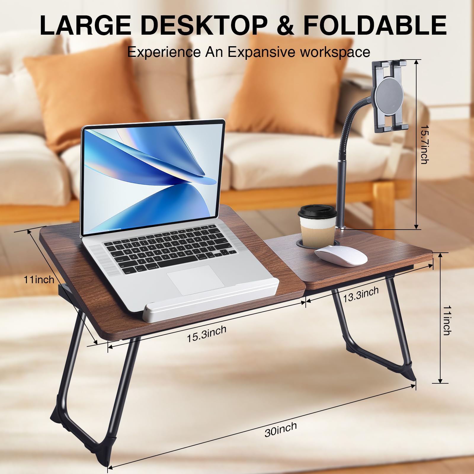 Portable Laptop Desk with Phone Holder & Foldable Legs - Dark Wood Finish Adjustable Standing Desk for Home Office, Bed, Couch & Outdoor Use