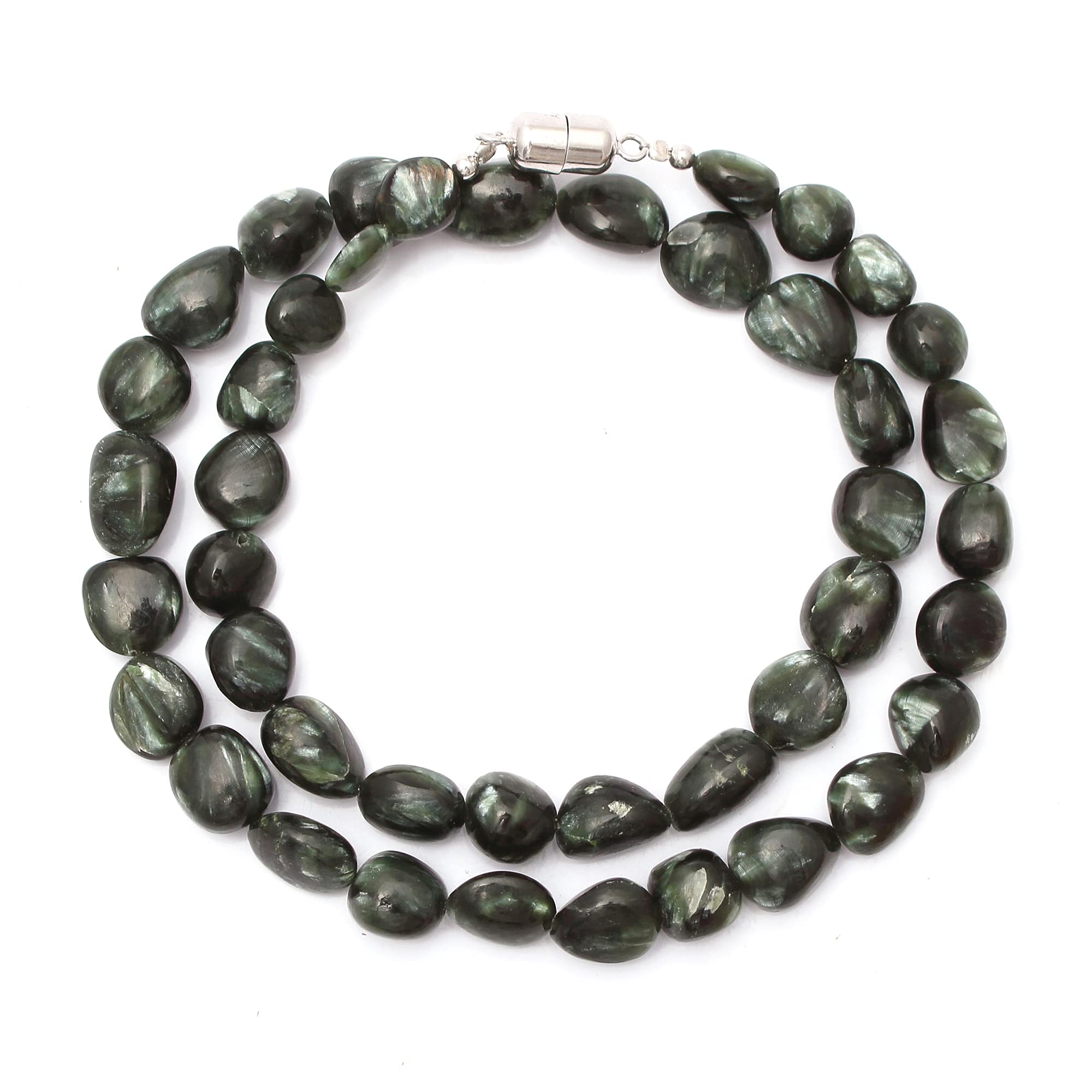 **Handmade Dark Green Seraphinite Gemstone Beaded Necklace - Smooth Tumbled Seraphinite Jewelry for Women - Spiritual Healing & Elegant Fashion Accessory**    *(Perfect for Meditation, Energy Healing, Boho Chic Outfits & Special Occasions)*
