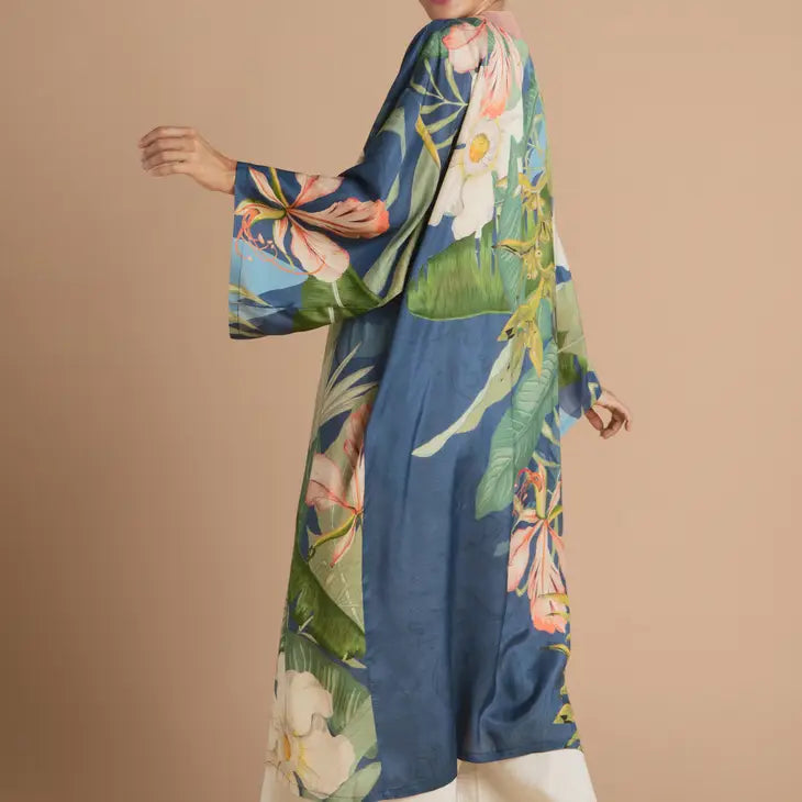 Indigo Delicate Tropics Kimono Gown - Elegant Floral Print Loose Fit Cover Up - Perfect for Beach Vacation, Pool Party & Summer Boho Outfit
