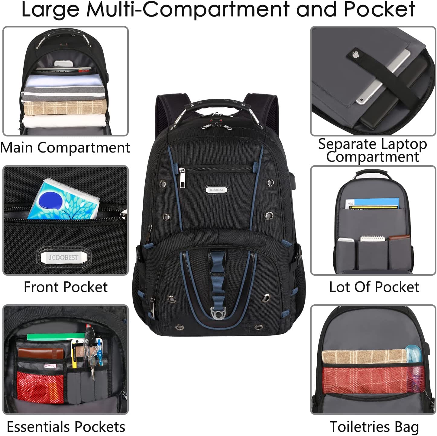17.3 Inch Heavy Duty Travel Laptop Backpack with RFID Pockets, TSA Friendly Extra Large College Daypack, USB Charging Port, Stylish Laptop Bag for Men & Women, Blue - Perfect for Work, School, and Travel