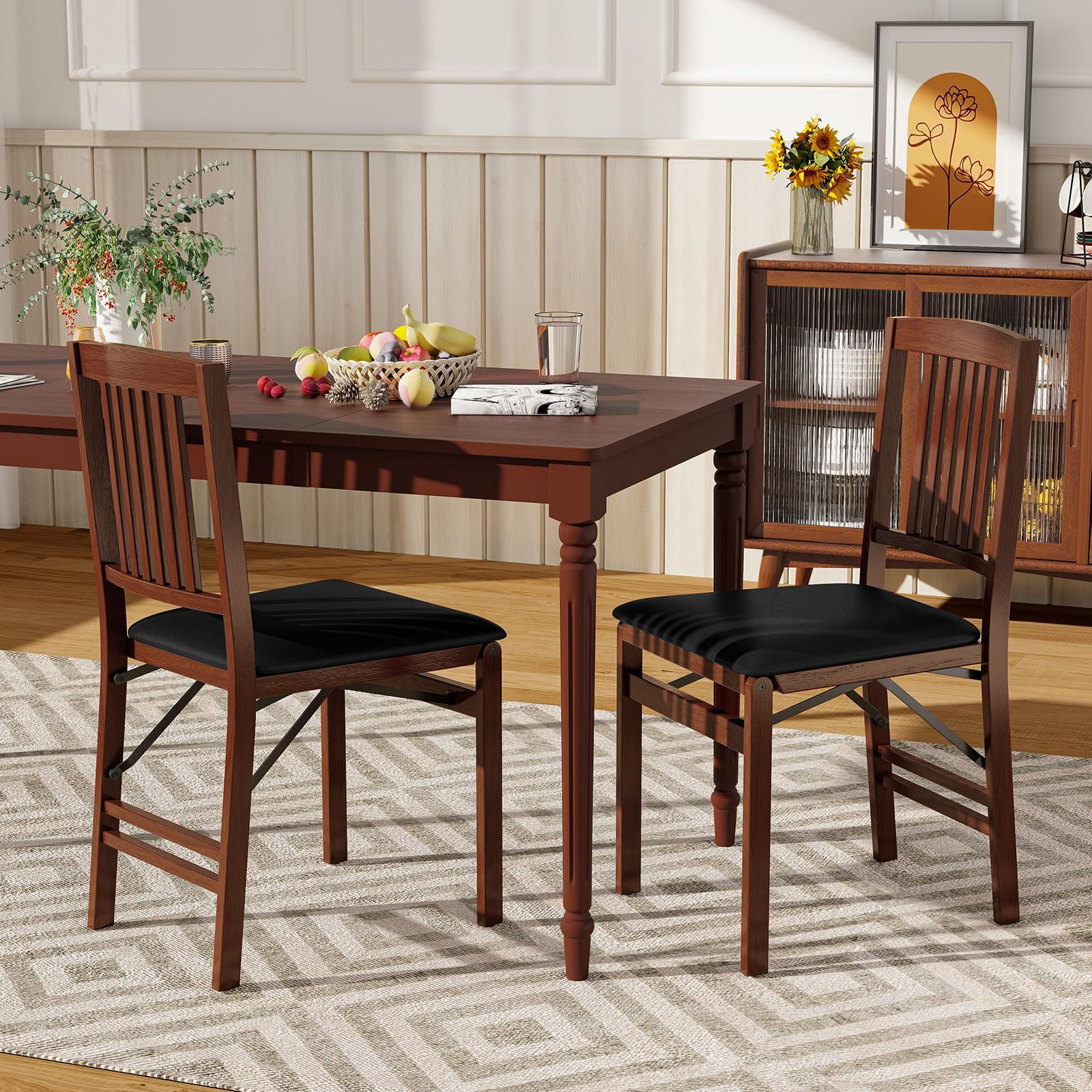 Giantex Solid Wood Folding Dining Chairs Set of 2 - 400 Lbs Capacity Foldable Kitchen Chairs with Padded Seat, No Assembly Armless Side Chairs for Small Space - Perfect for Apartments, Dining Rooms & Kitchenettes (Brown & Black)