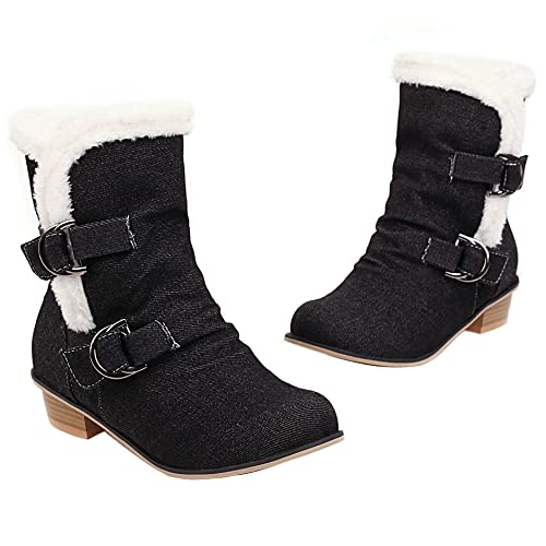 UniqueStride Women's Denim Flat Ankle Boots - Chunky Low Heel Buckle Booties for Casual Outfits & Everyday Wear | Stylish Comfort for Work, Dating & Fall Fashion